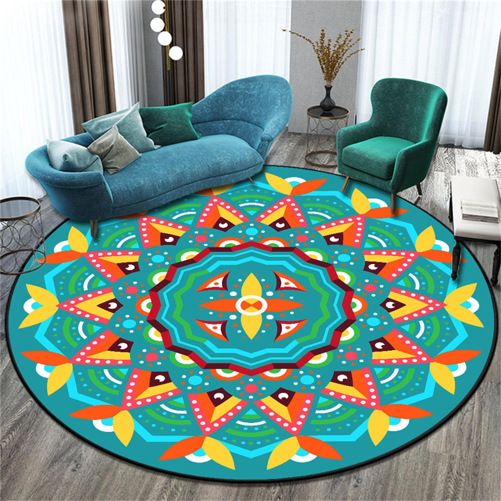 Teppich Rund, Kristallsamt Reppich Schlafzimmer, Moderner Ethnischer Stil Innenbereich Runder Waschbarer rutschfest Teppich für Wohnzimmer, Kinderzimmer, Büro (Turquoise,160cm)