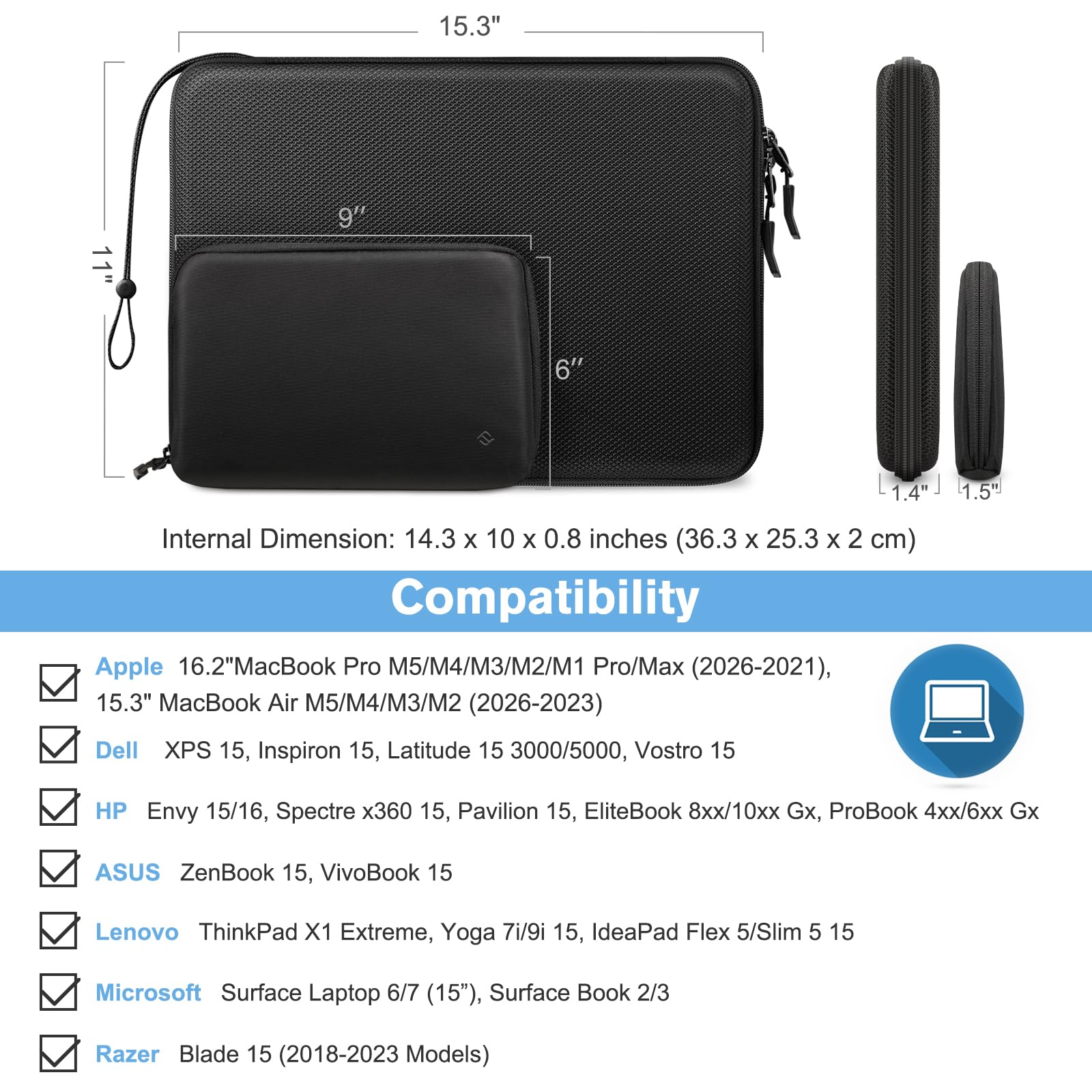 FINPAC Custodia rigida per laptop con custodia per accessori compatibile con MacBook Air M4 M3 M2 2025 2024, MacBook Pro M4/M3/M2/M1 Pro/Max da 15,3", custodia impermeabile per laptop/book Surface