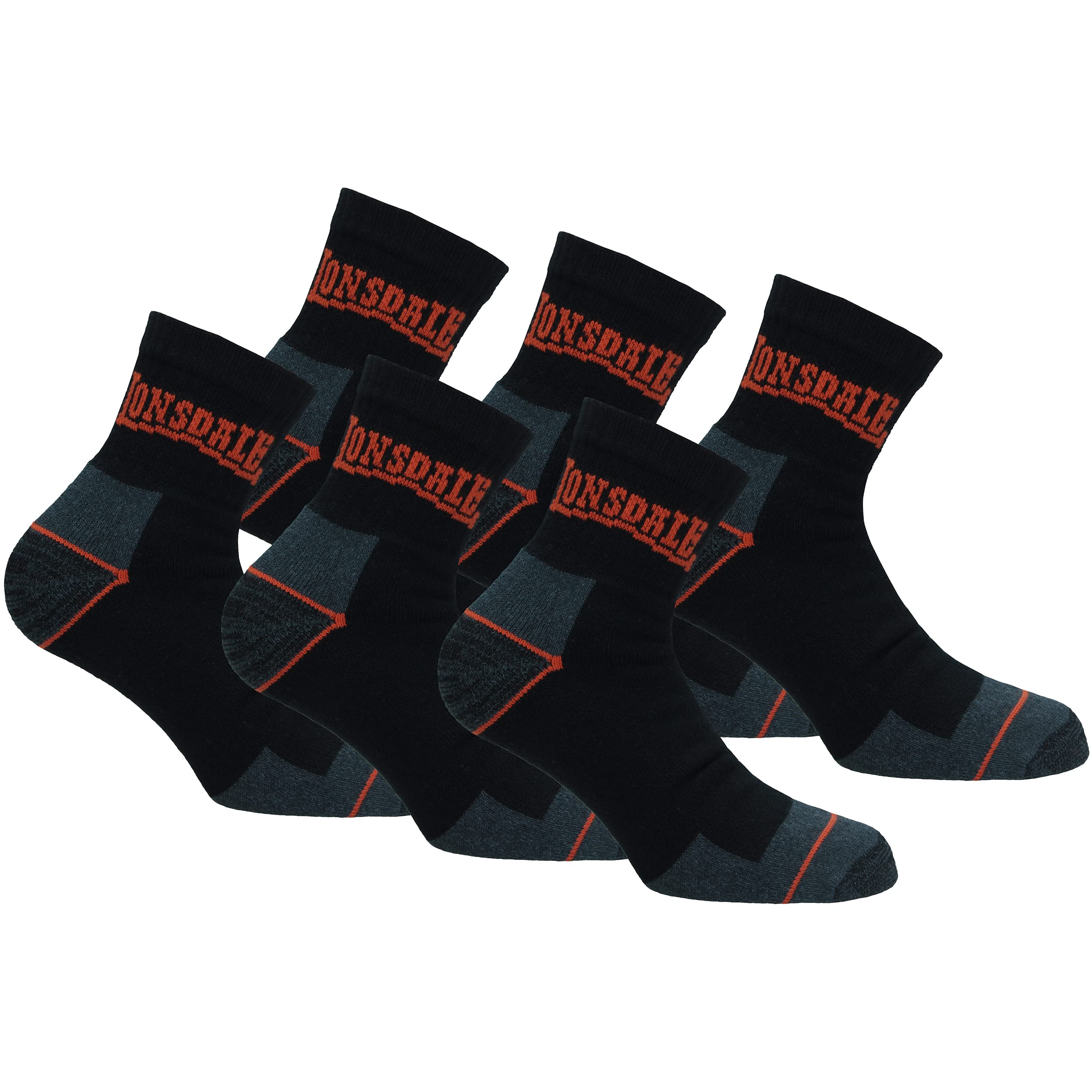 Lonsdale Men's 6 Pairs Black (Quarter) 6 Pairs Quarter Work Socks Above Ankle Length - Heel Toe Reinforcet - Terry Cotton (Black, 6-8)