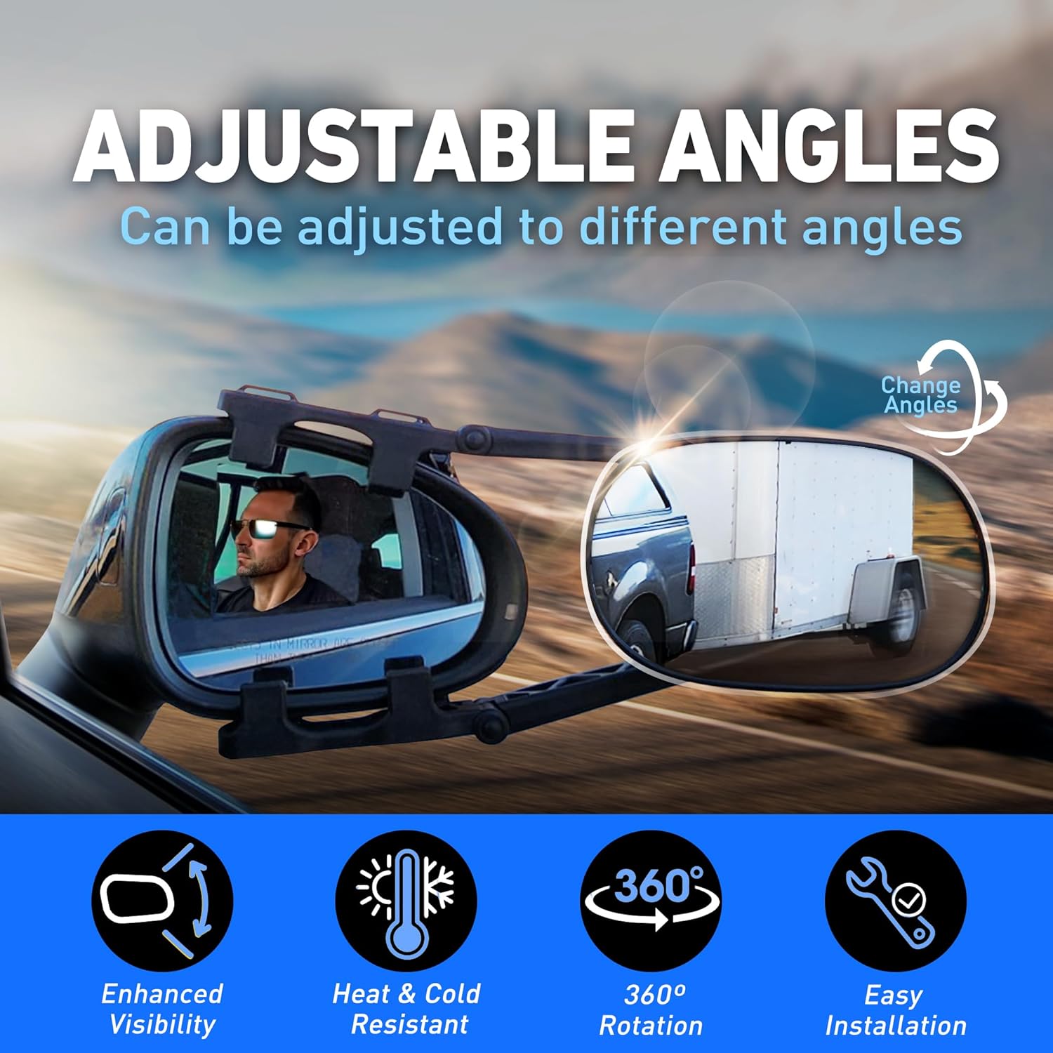 Extended Towing Mirrors, Universal Clip-On Side Mirror Extensions for Pickups, RVs, and Trailers, Tow Mirrors with Extenders (Model MG91)