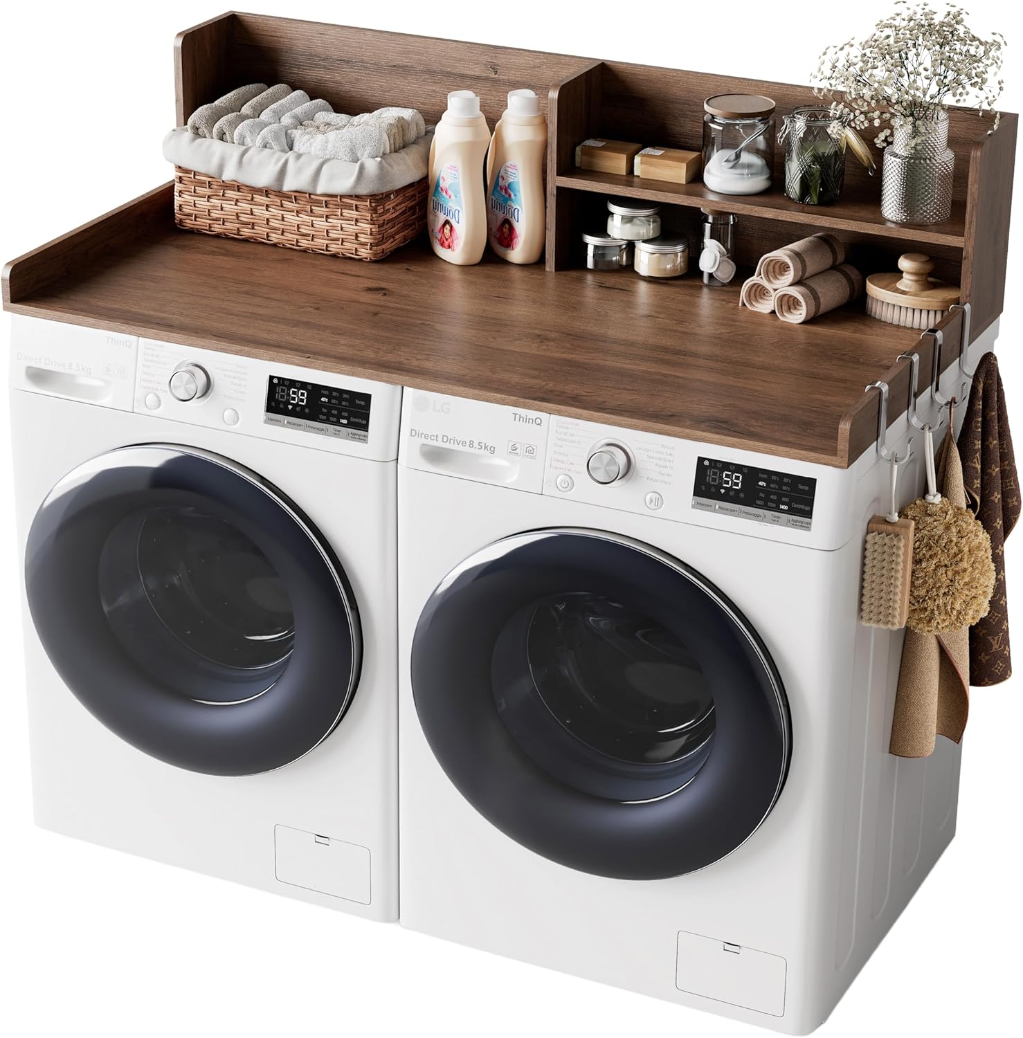 2-Tier Washer Dryer Countertop with Shelves & Metal Hooks, 54" W x 27.5" D Large Laundry Topper for Room Organization & Folding Clothes & Storage(Oak)
