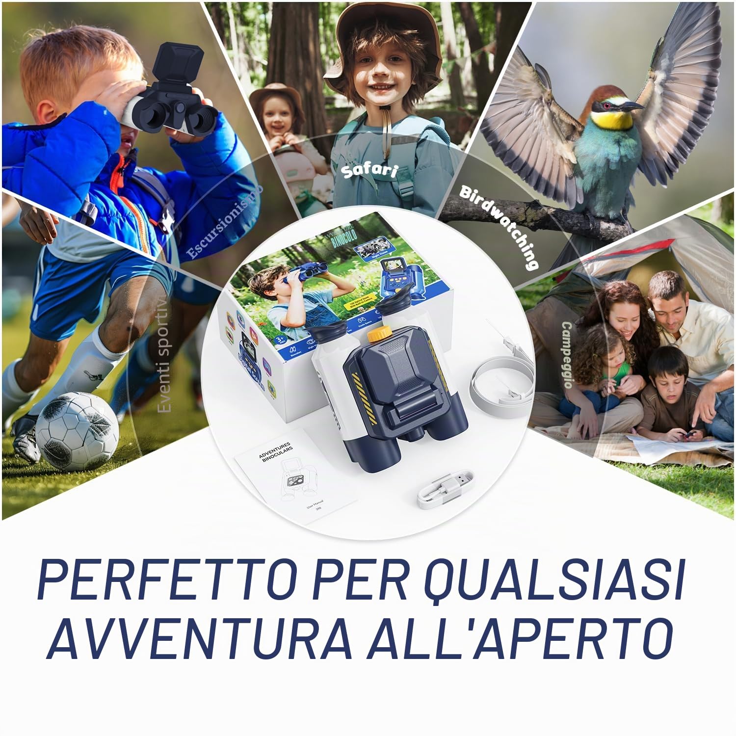 Binocolo Bambino con Fotocamera, Funzione di Visione Notturna a Infrarossi, Telescopio per Bambini 10x25, adatto a Bambini dai 4 anni in su per Birdwatching, Campeggio, Escursionismo(Bianco)