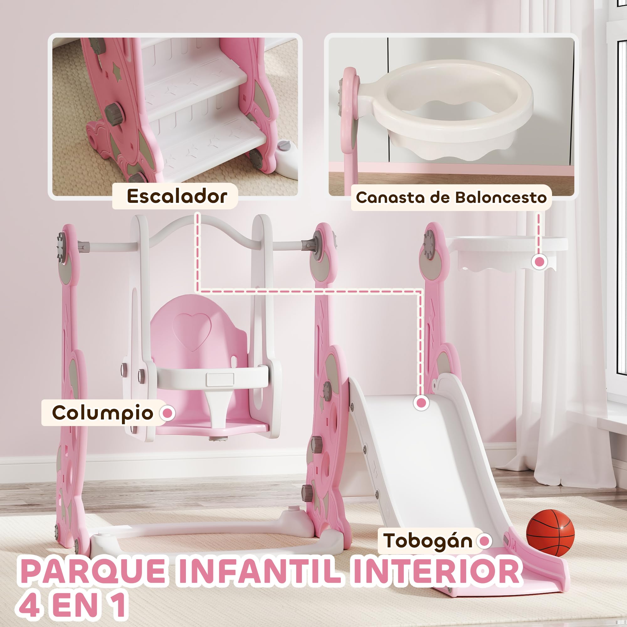 AIYAPLAY Tobogán Infantil 4 en 1 Parque Infantil con Columpio y Tobogán Escalador Aro de Baloncesto Temática de Cohete para Interior Rosa y Blanco