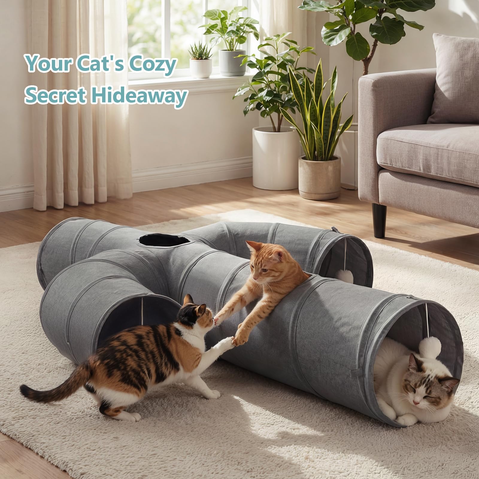 Ownpets Tunel dla kota, większy kształt kaktusa, tunel dla zwierząt domowych z wytrzymałą tkaniną Oxford, składany i odporny na rozerwanie, z wieloma wyjściami, wisząca piłka i zwisająca ściana