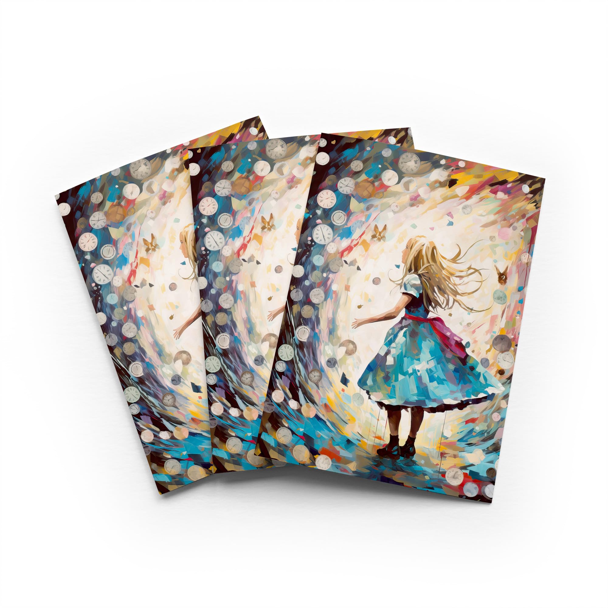 Alice Down the Rabbit Hole Greeting Card Fantasy Clocks Any Occasion Set of 3 Blank Inside 5x7 Inch 13x18 cm