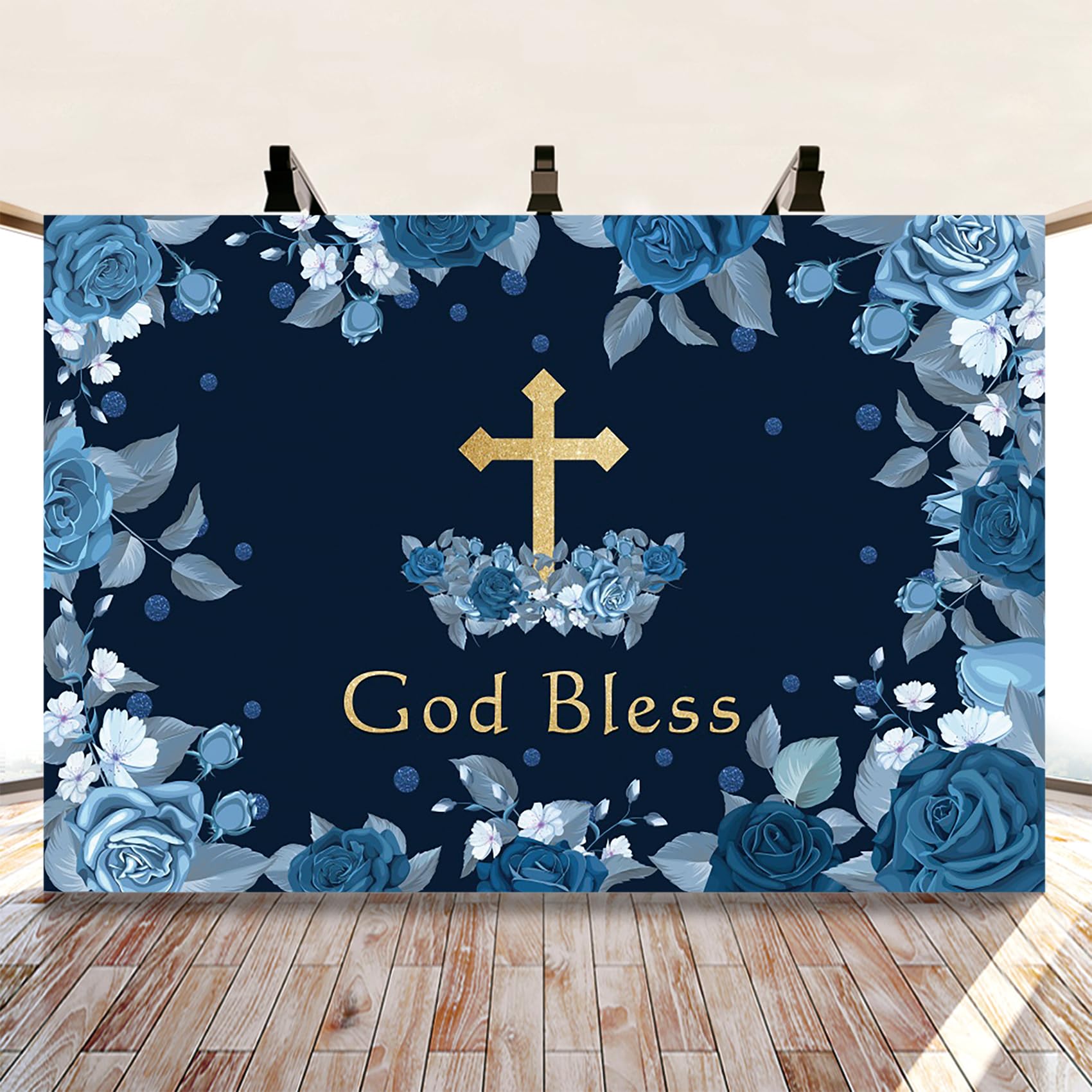 Wangrj - Fondale per la comunione, per il primo Battesimo, per festa di battesimo, con fiori blu, sfondo fotografico, per neonati, bambini, per la doccia, 210 x 150 m, colore: blu