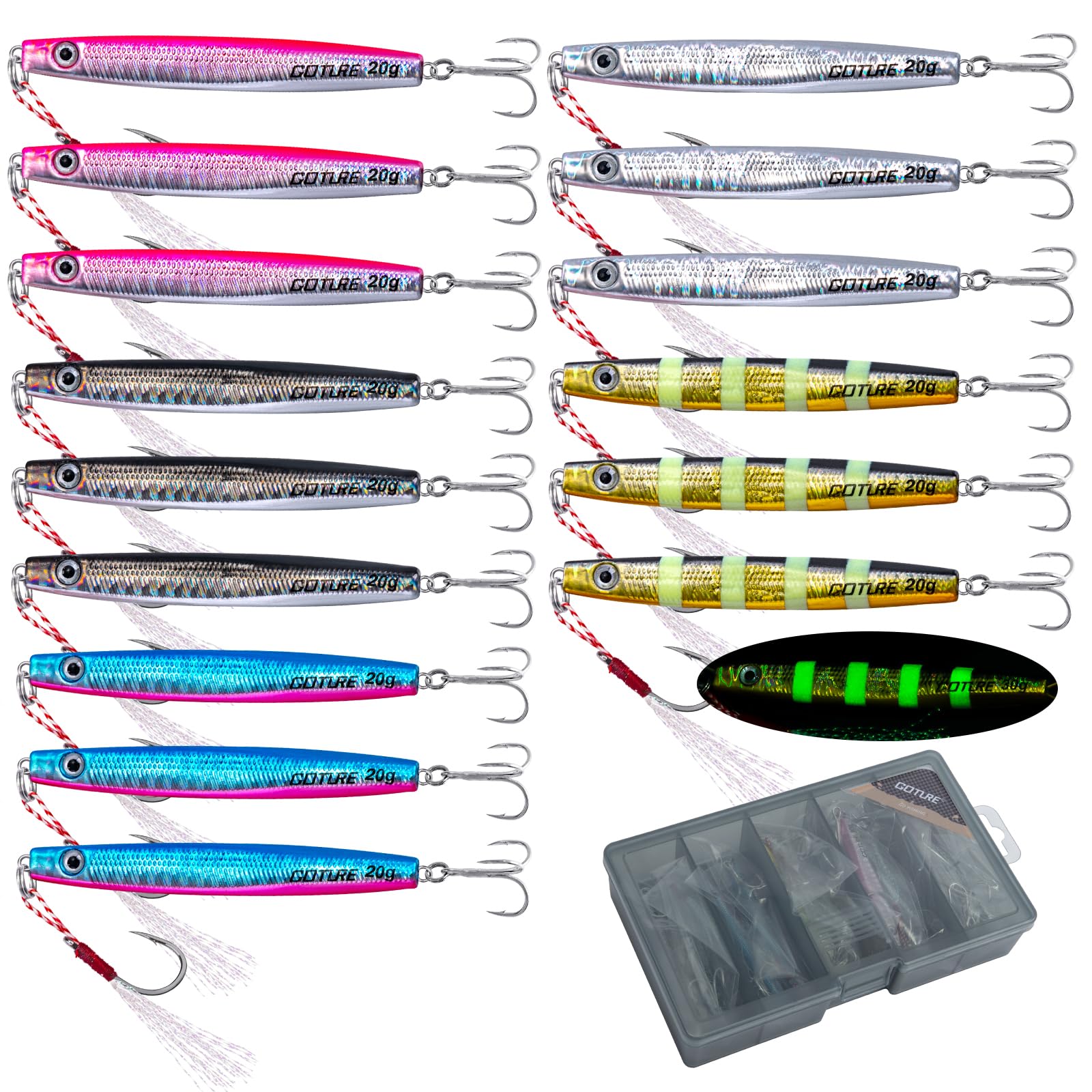 Goture Fishing Jigs, 5 Colours Vertical Jig Saltwater Freshwater, Jig Fishing Lures with Assist Hook and Treble Hookging Spoon Lures with Tackle Box for Tuna, Salmon, Bass(20g,15 Pcs) โ image 1