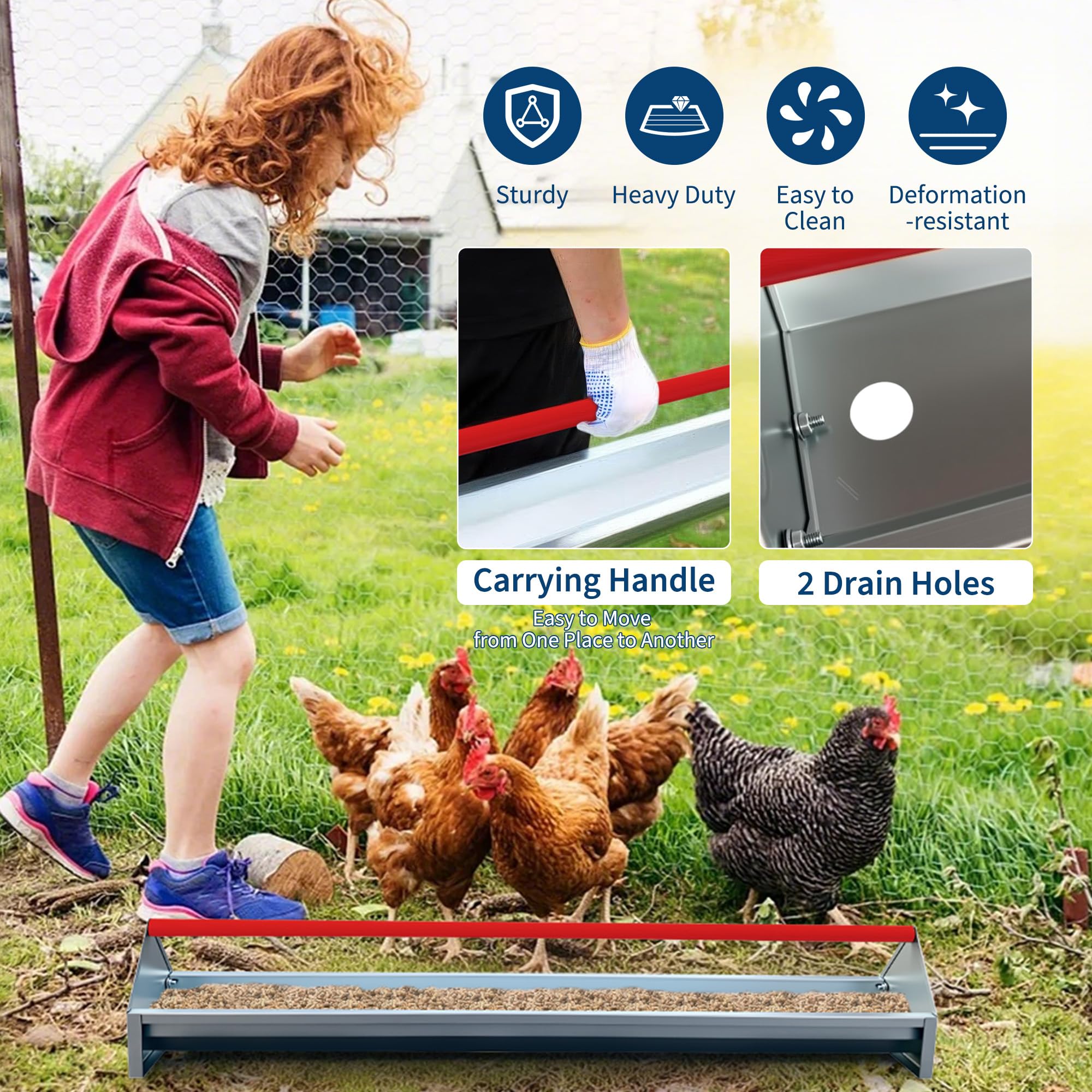 Garvee Comedero para Gallinas de 114,5 cm en Acero al Carbono con Barra Giratoria Roja y Orificios de Drenaje, Comedero de Gran Capacidad de 15L para Aves de Corral, Patos, Gansos y Pavos, Plateado