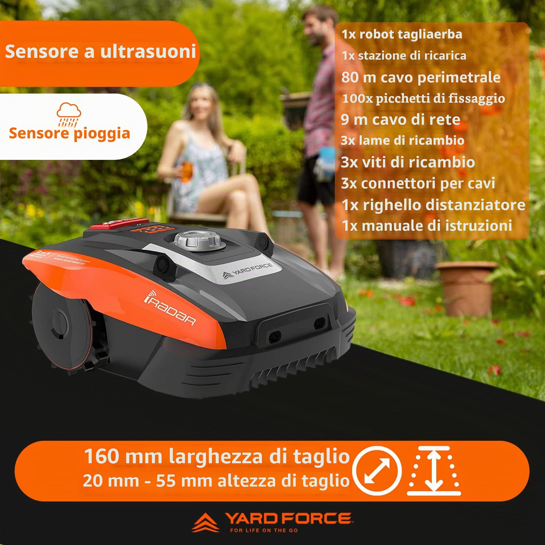 Yard Force Compact 300RBS Tosaerba Robotizzato Fino a 300 mq, Semovente con Sensore a Ultrasuoni iRadar, Controllo Bluetooth e App, Motore Brushless, Batteria Ricaricabile 20V, 2.0 Ah