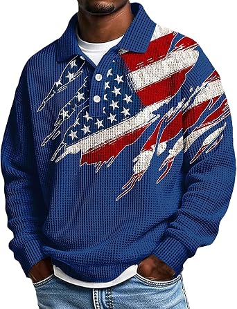 HJINGSUN Patriotic Shirts for Men 250 Anniversary USA Waffle Polo Golf Shirt Distressed American Flag Button Long Sleeve Tops