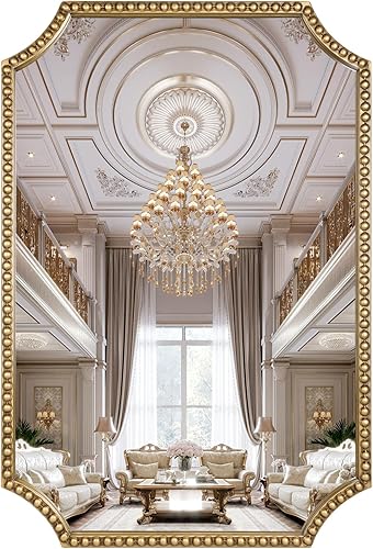 Espejo de pared de 24 x 36 pulgadas, espejo decorativo rectangular de esquinas festoneadas, marco de cuentas de metal, decoración de pared para