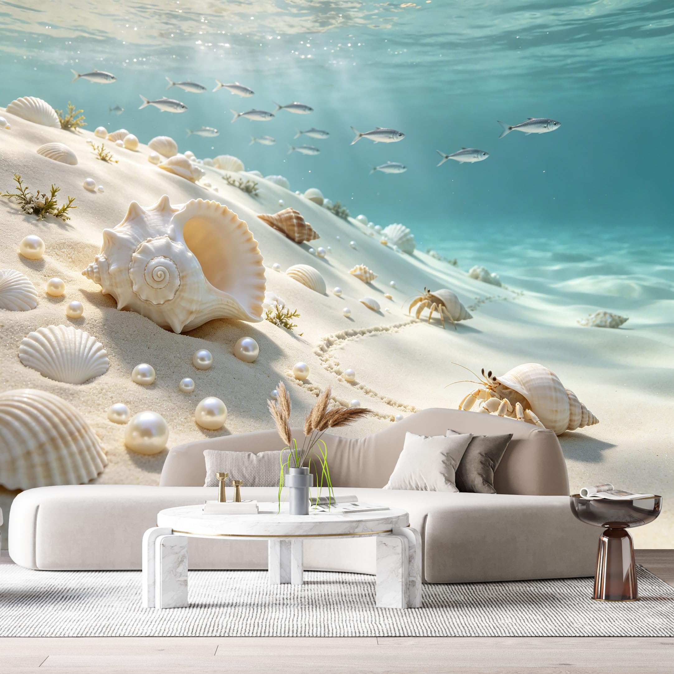 Custom Size Wall Murals Coastal Marine Underwater View White Shells Hermit Crabs Pearls Schools of Fish SelfAdhesiveWall Fabric Removable Wallpaper Wall Decor for Living Room Bedroom