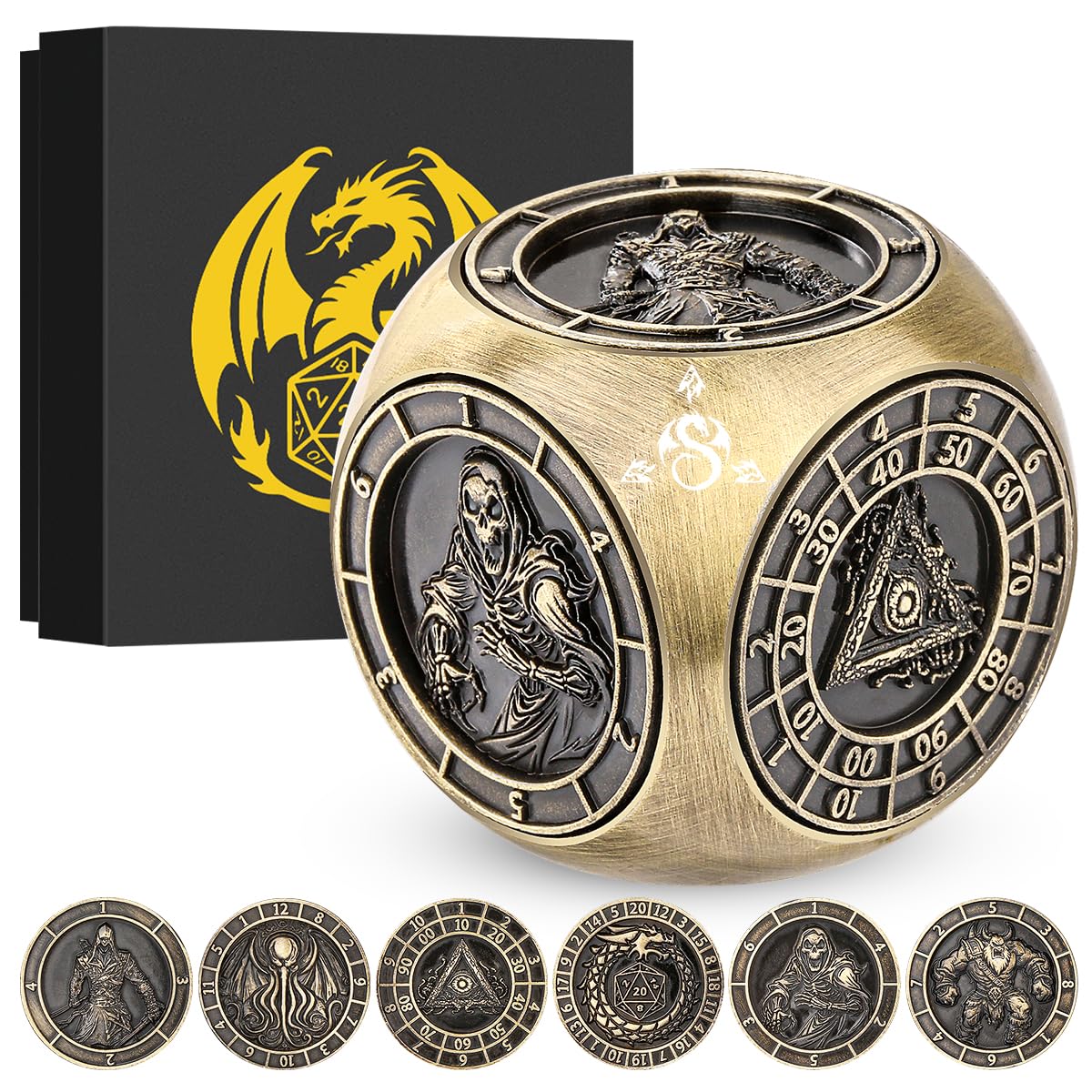 DND Fingertip Spinner Dice, Polyhedral Rotating Game Dice, 7-in-1 Metal Dice Set including 3D Pattern