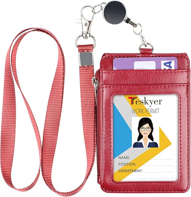 Teskyer Card Holder with Retractable Lanyard, Badge Holder with Zipper Pocket and Holds 4 Cards, Vertical Card Holder with Clear Window, PU Leather, Wine Red