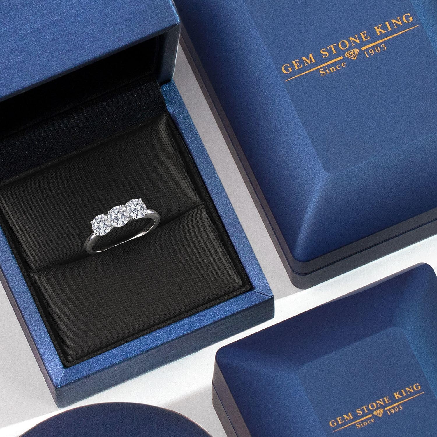 Gem Stone King 1.50 Cttw Lab Grown Diamond 3-Stone Engagement Ring For Women | 925 Sterling Silver | Round 5MM | Gemstone April Birthstone | DEF Color | VVS-VS Clarity - Image 5