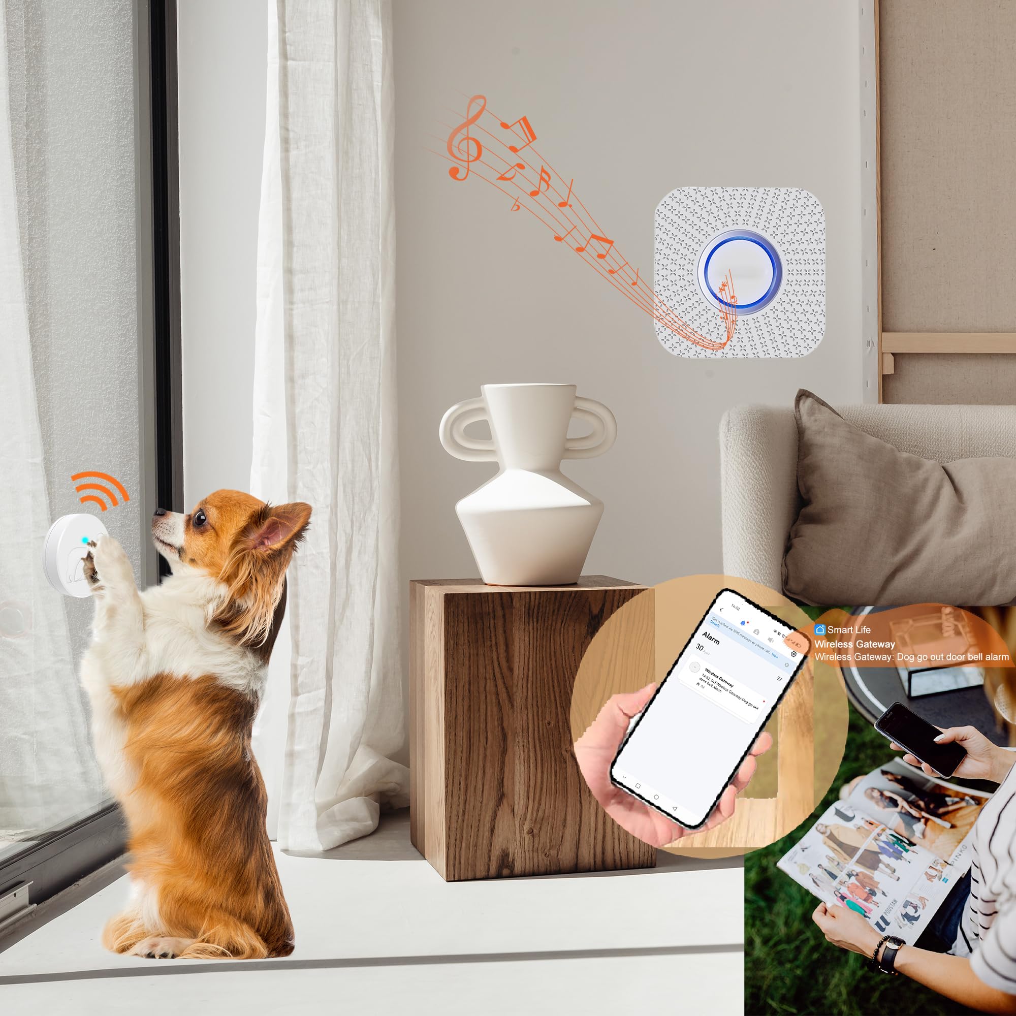 Hunde-Türklingel für Töpfchentraining nach draußen, WLAN-Hunde-Türklingel, kabellose Hunde-Türklingel mit Handy-App, wasserdichte Touch-Taste mit großer Aktivierungsreichweite (1