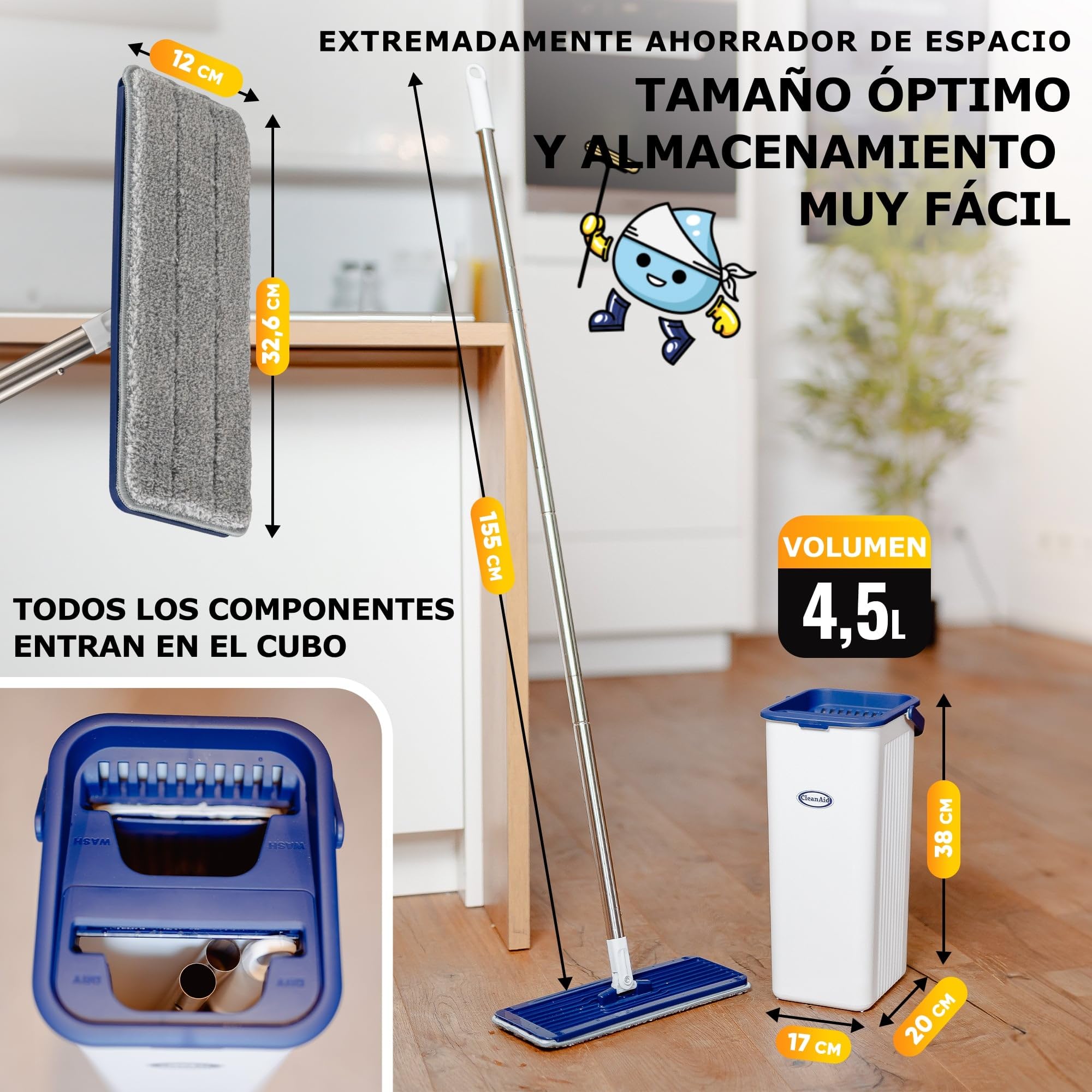 Formosa 2 - Kit de mopa y Cubo - Cabezal Plano de 360 °, cubeta para la mopa Compacto con escurridor, Mango Extra Largo de Acero Inoxidable de 155 cm - para Superficies Lisas