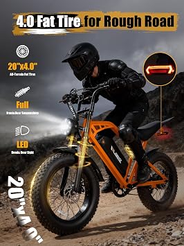 Electric Dirt Bike Adults, 1300W Peak 52V20.8Ah ebike, 32MPH 20 x4.0 Fat Tire, Streamlined E-Motorcycle with 7 Speeds for Youths, V200,Orange with Rear Rack + Footrests