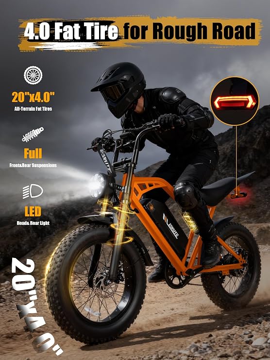 Electric Dirt Bike Adults, 1300W Peak 52V20.8Ah ebike, 32MPH 20 x4.0 Fat Tire, Streamlined E-Motorcycle with 7 Speeds for Youths, V200,Orange with Rear Rack + Footrests
