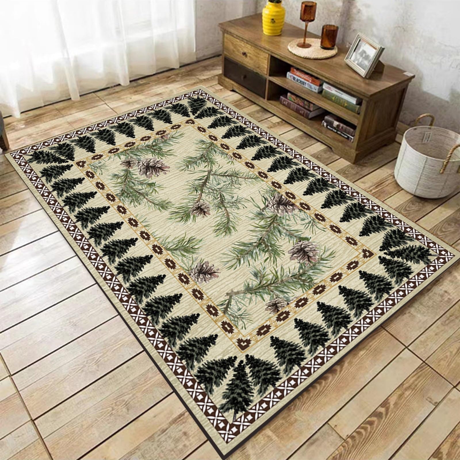 Pine Cones Area Rug, 3x5ft, Rustic Country Woodland Runner Rugs, Non Slip Bedroom Decor Printed Anti-Slip Rug, Fade Resistant Ultra-Thin Soft Easy