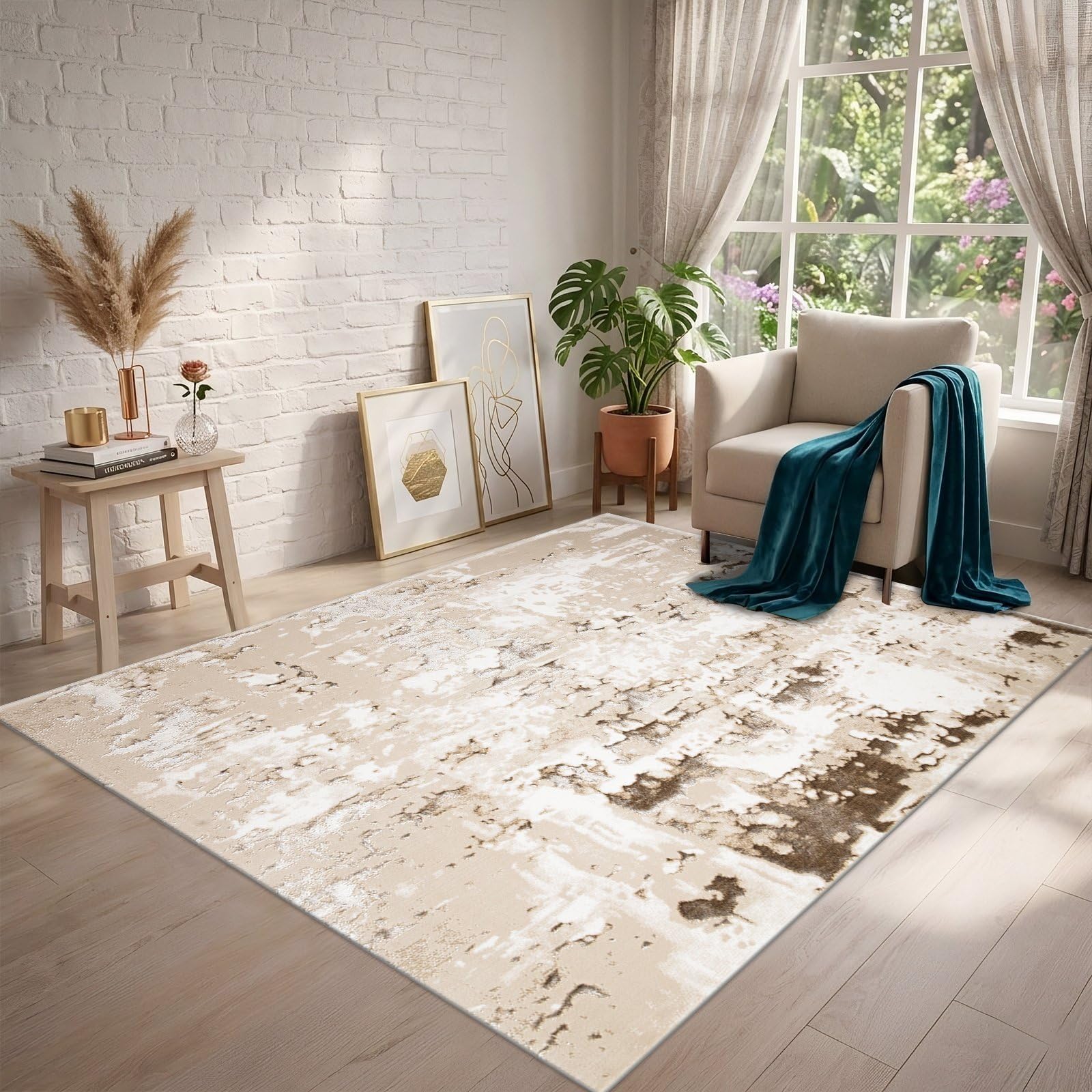renoazul® Soft Pile Rugs Living Room With Jute Backing, Abstract - 160 x 230 cm - Beige Rug, Washable Carpet for Bedroom, Sitting Room, Dining and Lounge Rug