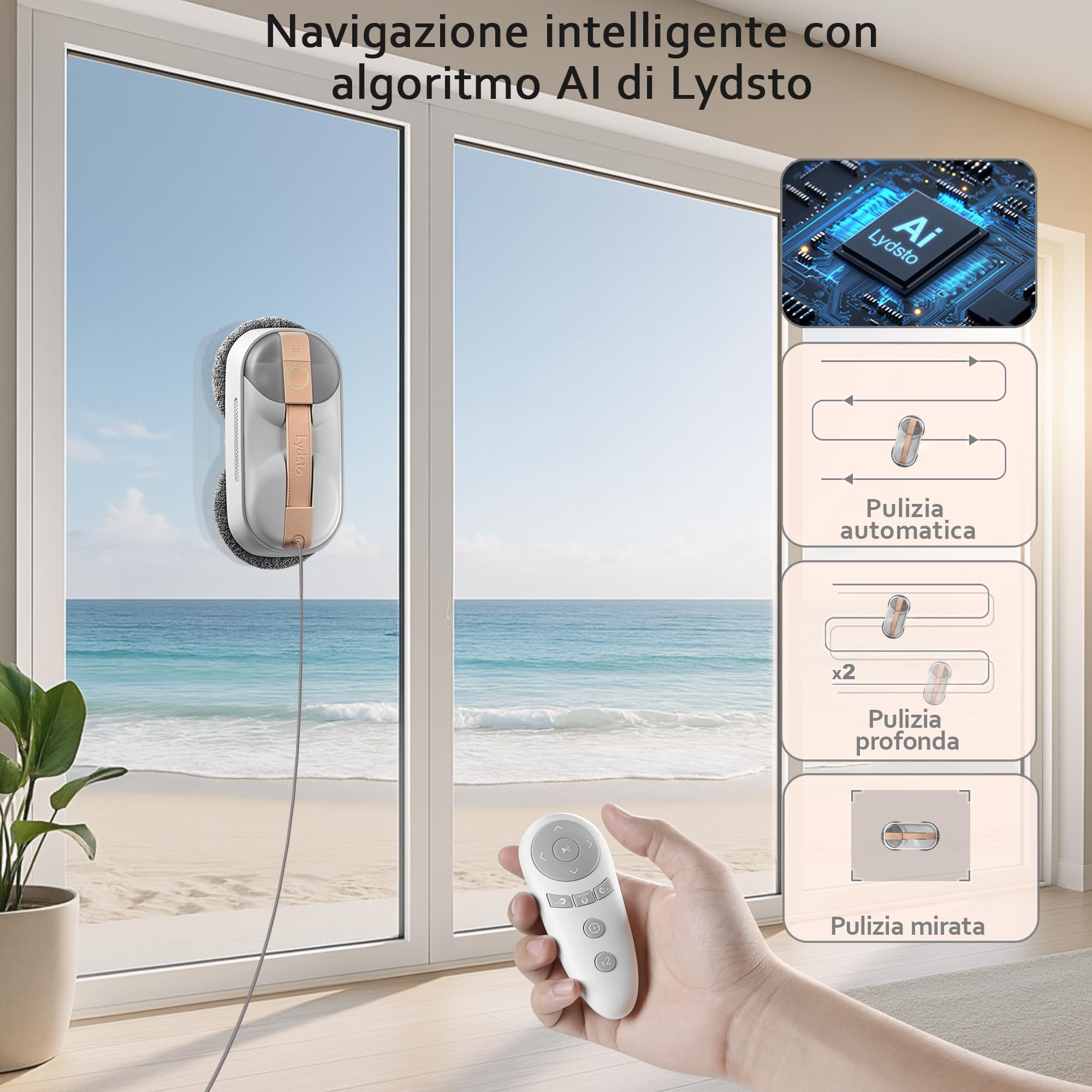 Lydsto WL09 Robot Lavavetri Doppi Ugelli con Spruzzo Ultrasonico，6000Pa Robot Pulisci Vetri 80ML Serbatoio dell'Acqua, Telecomandoe 10 Panni, Per Tutte le Superfici Lisce (Grey)