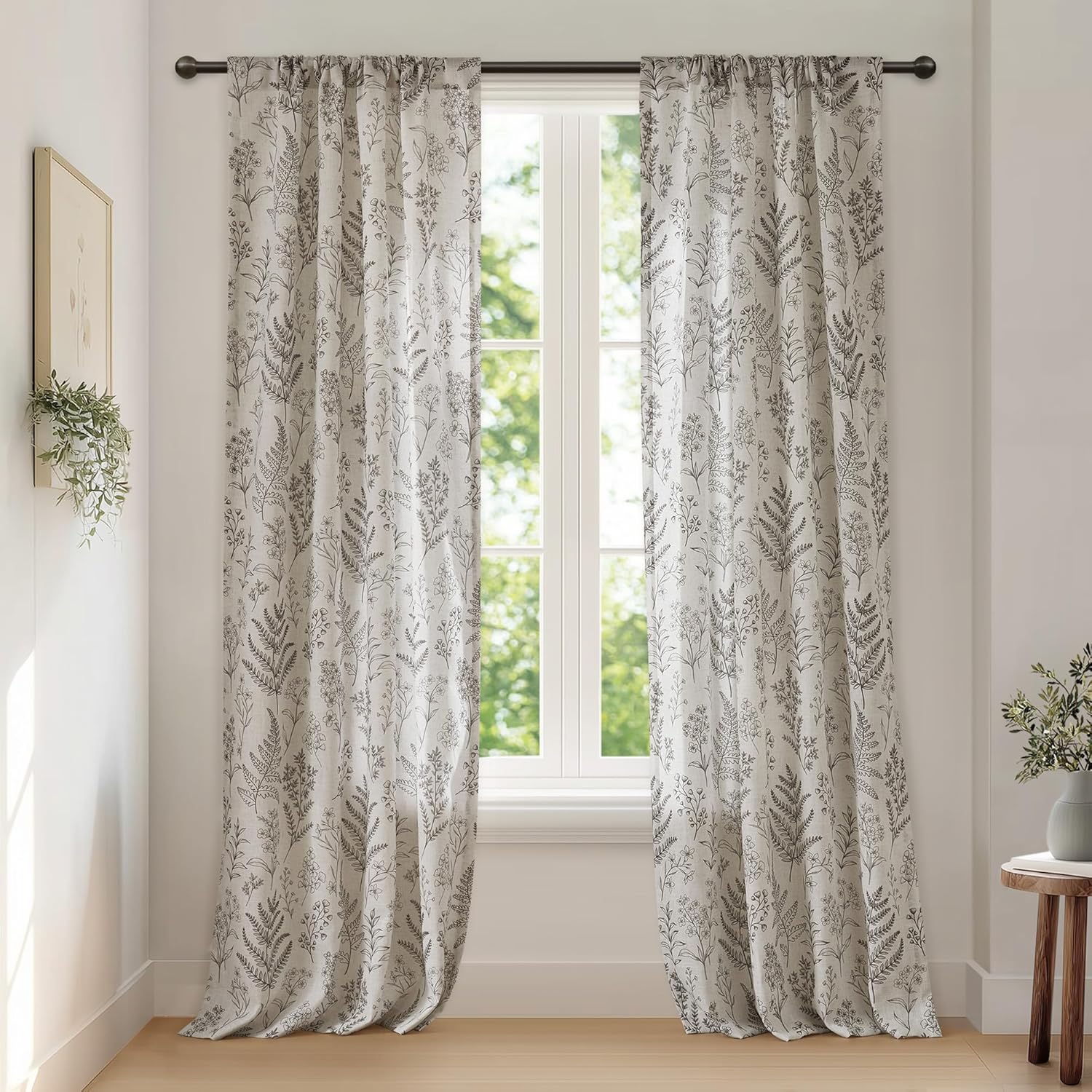 Madison Park Linen Curtains, Linen Window Panel for Living Room, Floral Window Curtains with Rod Pocket, Farmhouse Light Filtering Window Panels for Privacy, Aria 2 Panel Set, 42" W x 84" L, Charcoal