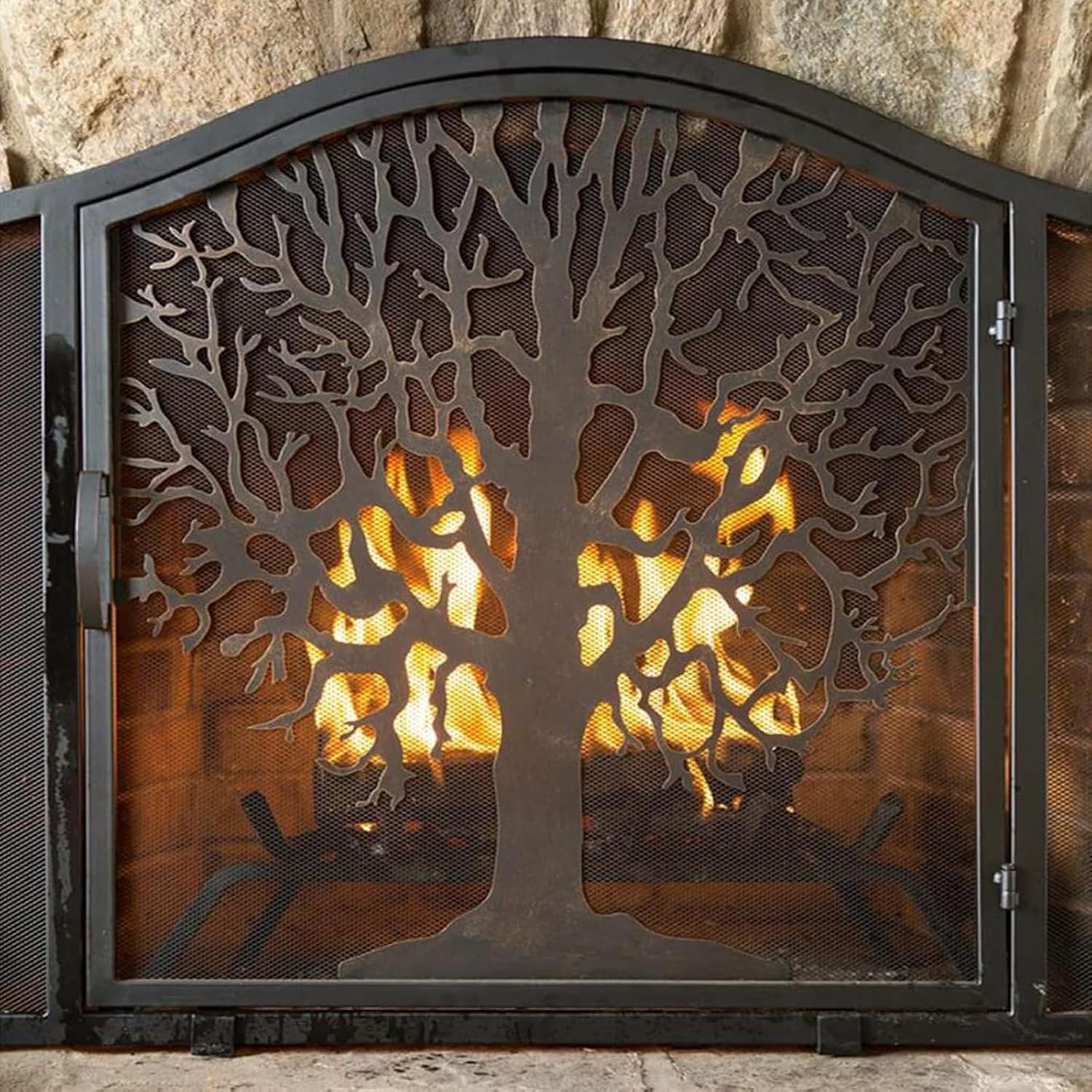 Paravento per camino in ferro battuto a forma di albero con porta, realizzato a mano, parascintille per bruciatori a legna e caminetti aperti per soggiorno