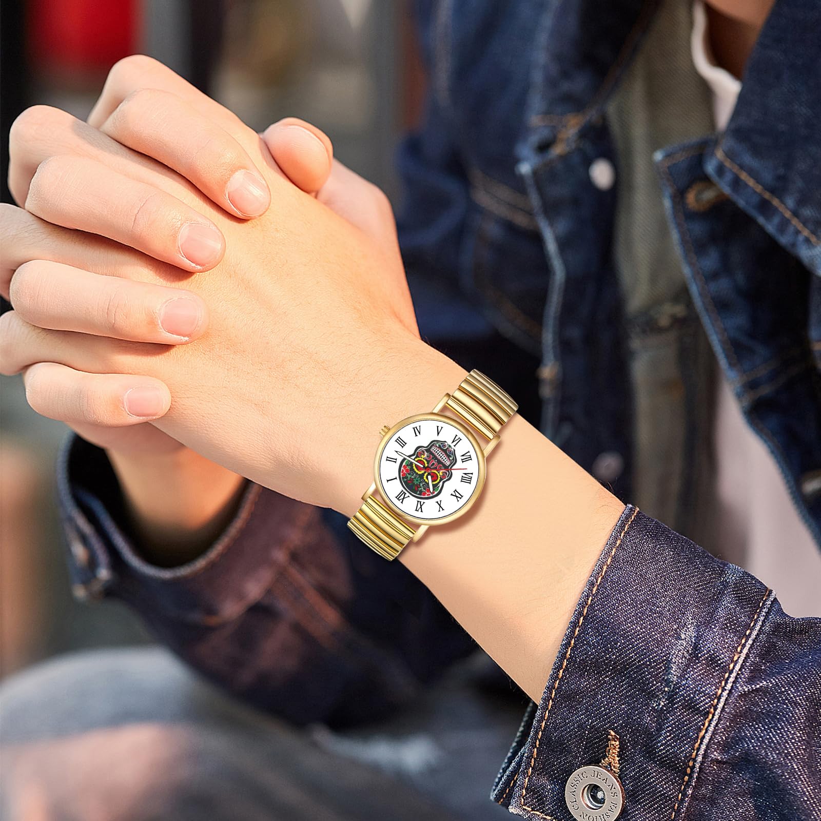 JewelryWe Damski zegarek z elastycznym paskiem, ultra cienki, łatwy czytnik, złoty/srebrny | Panie, data w dni powszednie, łatwe zakładanie dopasowania, biuro, spotkania, prezent dla matki, ruch, świecące dłonie