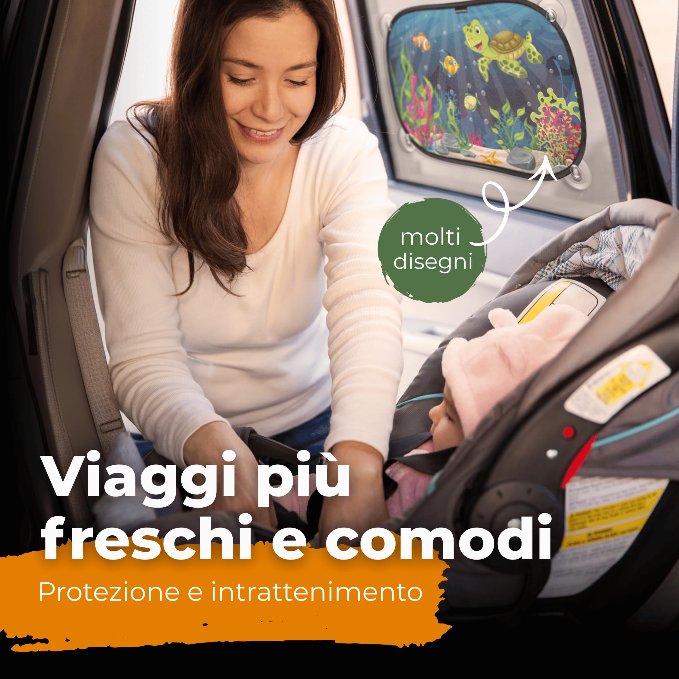 Tendine parasole bambini Buio Ottimale con protezione UV certificata - accessori auto, 2 pezzi 51x31cm, protezione solare raggi UV Design Tartaruga