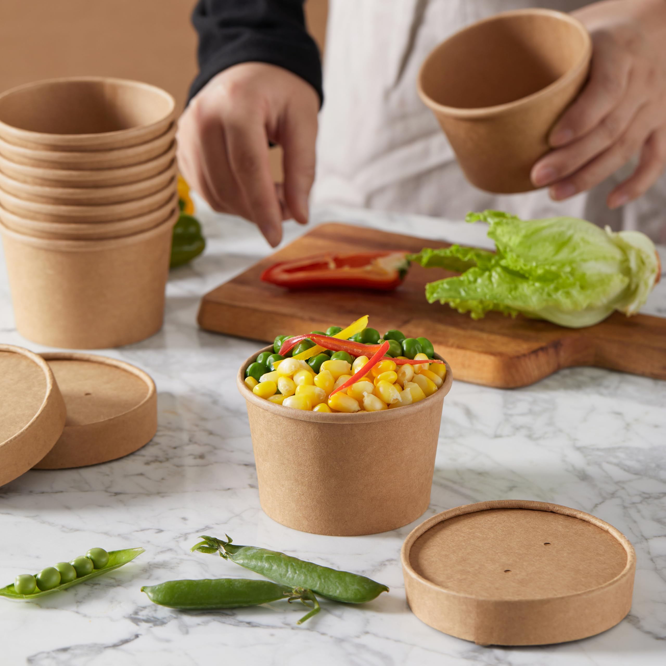 Bicchieri usa e getta in carta kraft con coperchi, contenitori per alimenti in carta, bicchieri per gelato, ciotole da asporto per cibi caldi e freddi, confezione combinata (250 set) (Kraft