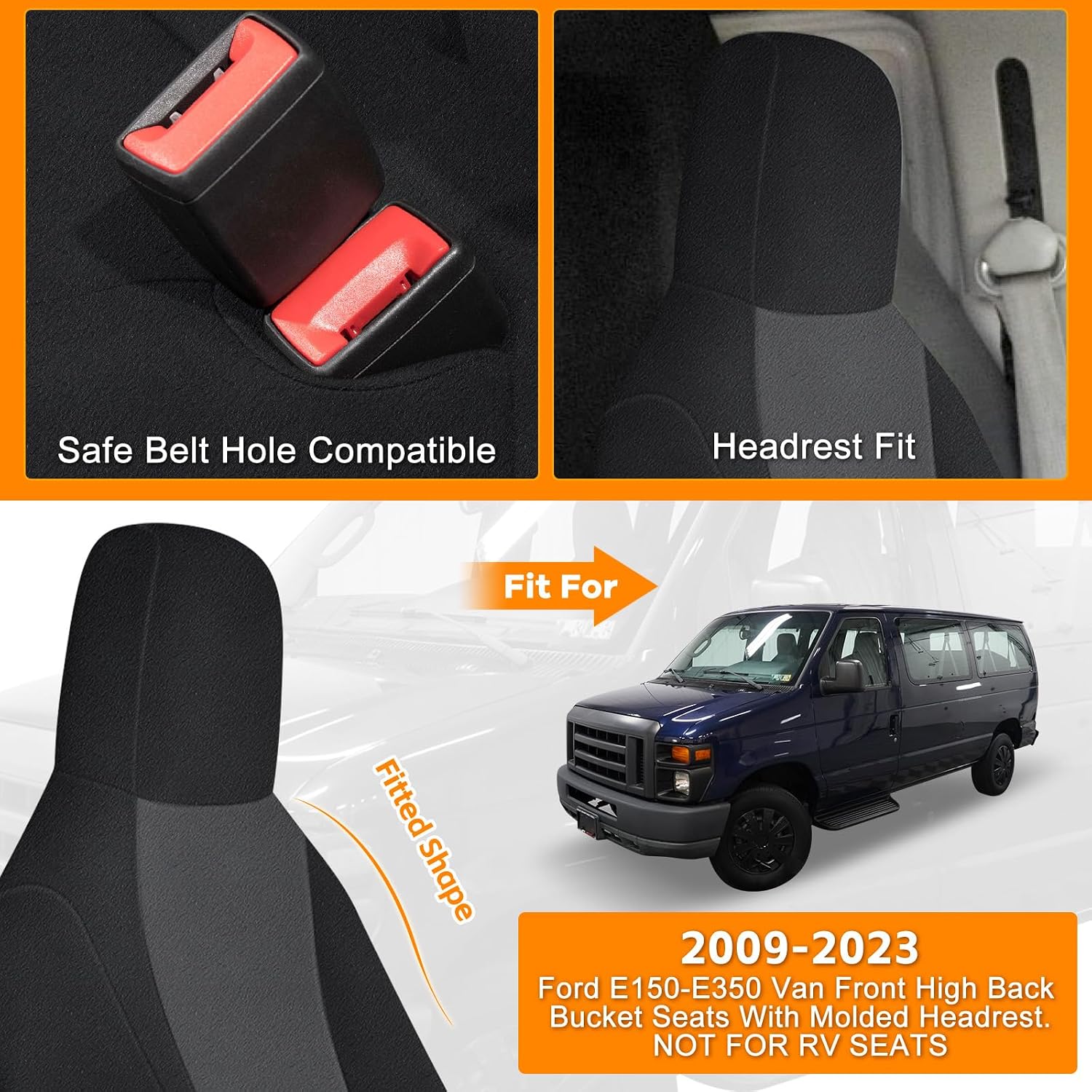 Front Seat Cover Compatible with 2009-2022 Ford E150-E350 Van Front High Back Bucket Seats with Molded Headrest Seat Covers, Dutch Velvet Automotive Cover Cushion Accessories, Black&Charcoal