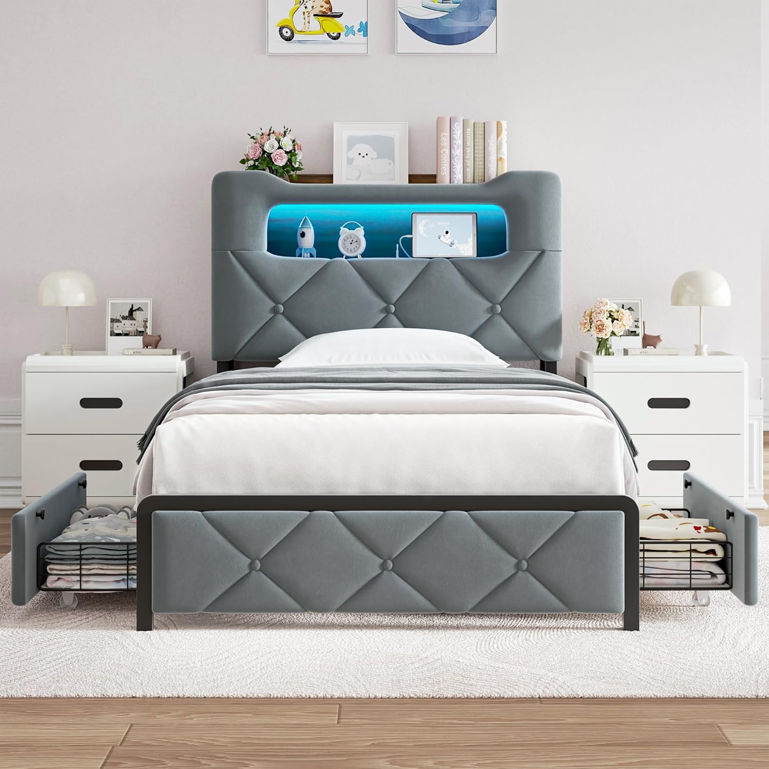 Twin Upholstered LED Bed Frame with 2 Storage Drawers and 2-Tier Storage Bookcase Headboard, Velvet Platform Bed for Kids/Girls/Boys, Heavy Duty Metal Support, No Box Spring Needed, Grey - Image 7