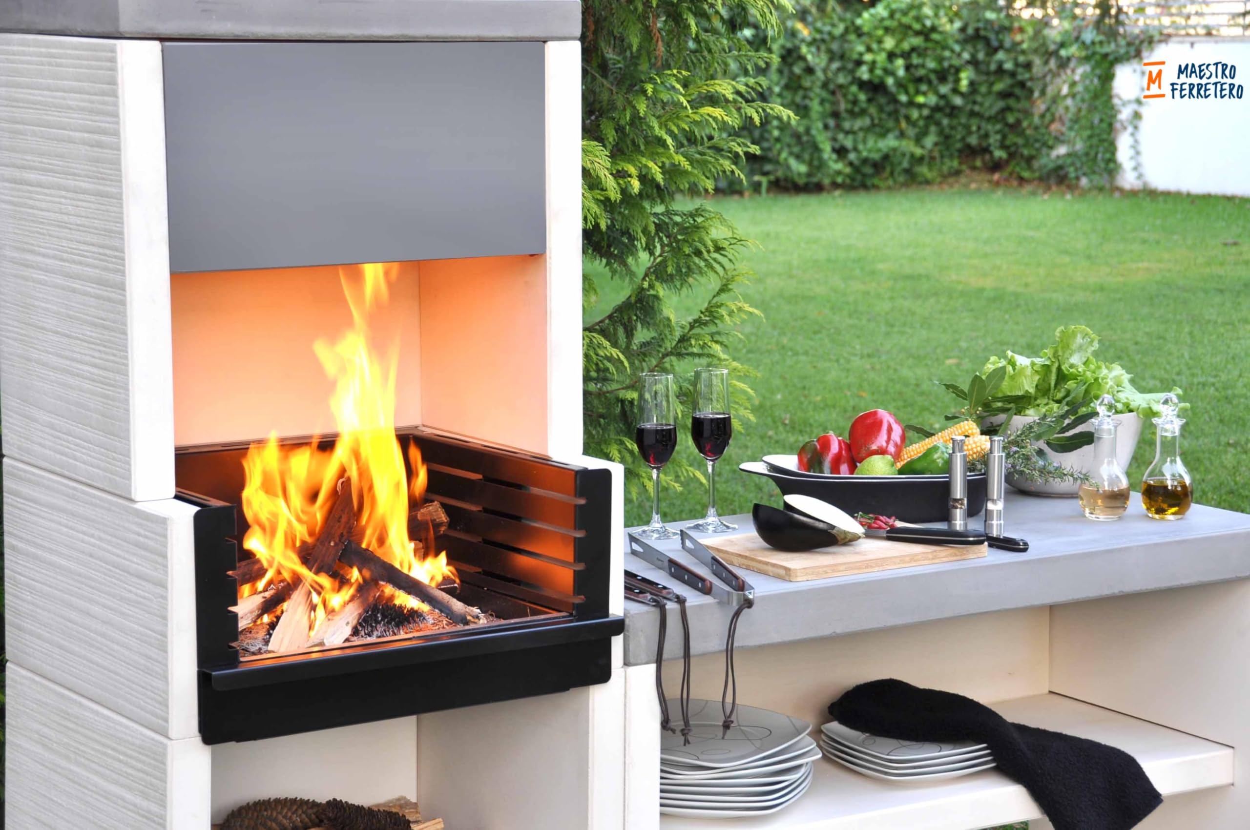 TUOZI - Barbacoa de Obra para Leña y Carbón Modelo VENIT FLEX PLUS HOTTE [F] (Gris/Blanco - 78 x 47 x 197 cm) REF: T00131 - Uso en Exteriores