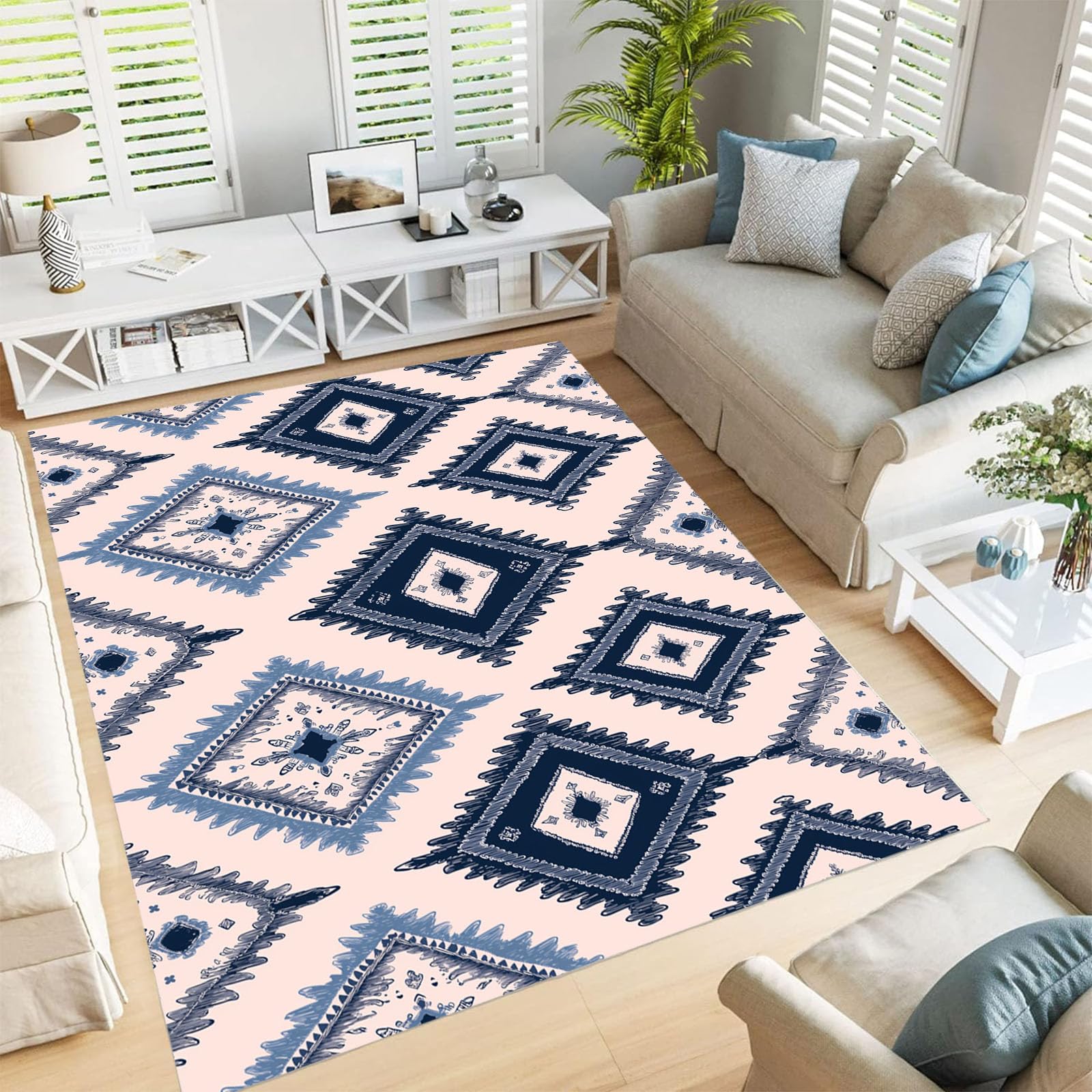 Tapis géométrie diamant blush 200x300cm bohème lavable et antidérapant