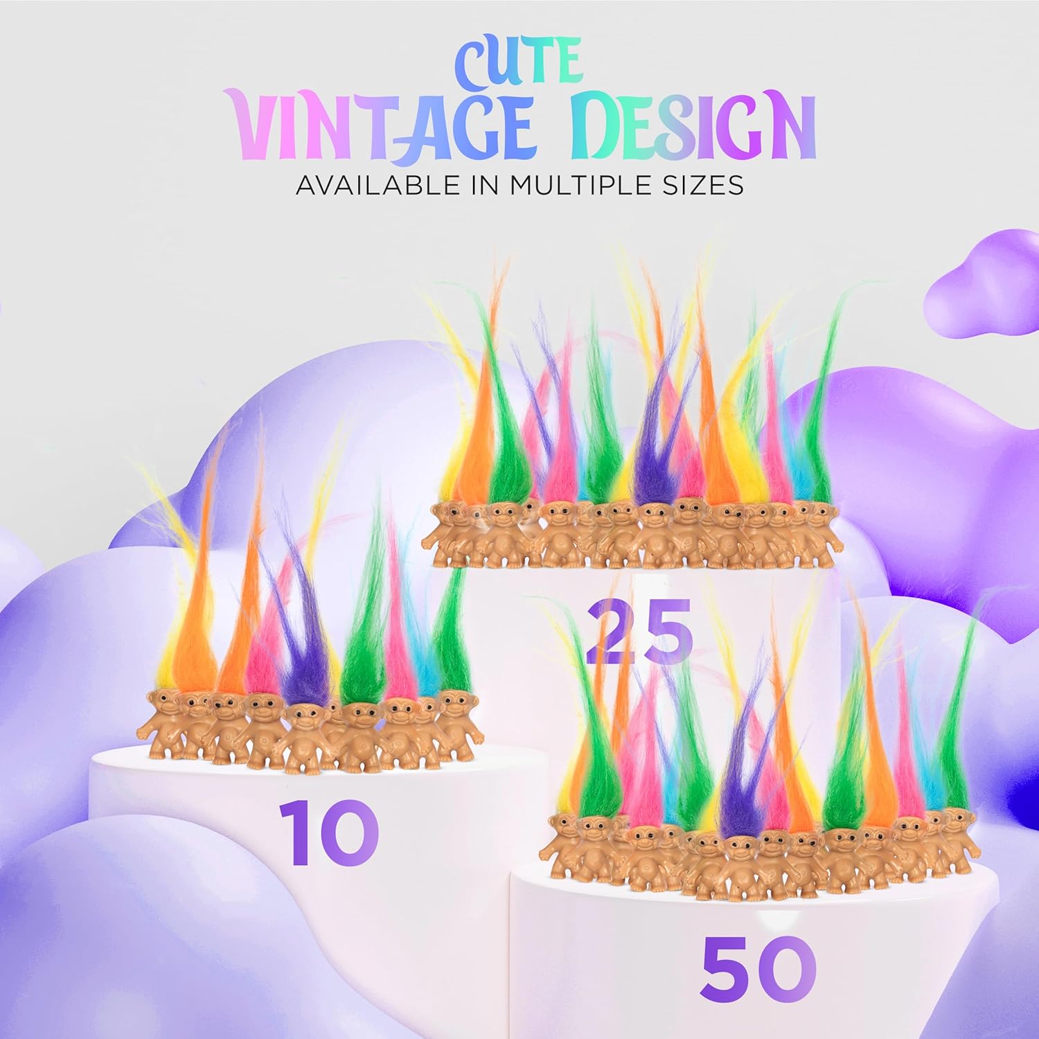 50 Pcs Long-haired Lucky Mini Troll Dolls, Assorted Hair Colors, 0.78" Bodies, 2" Hair. Cake Toppers, Action Figures, School Project, Arts and Crafts, Party Favors