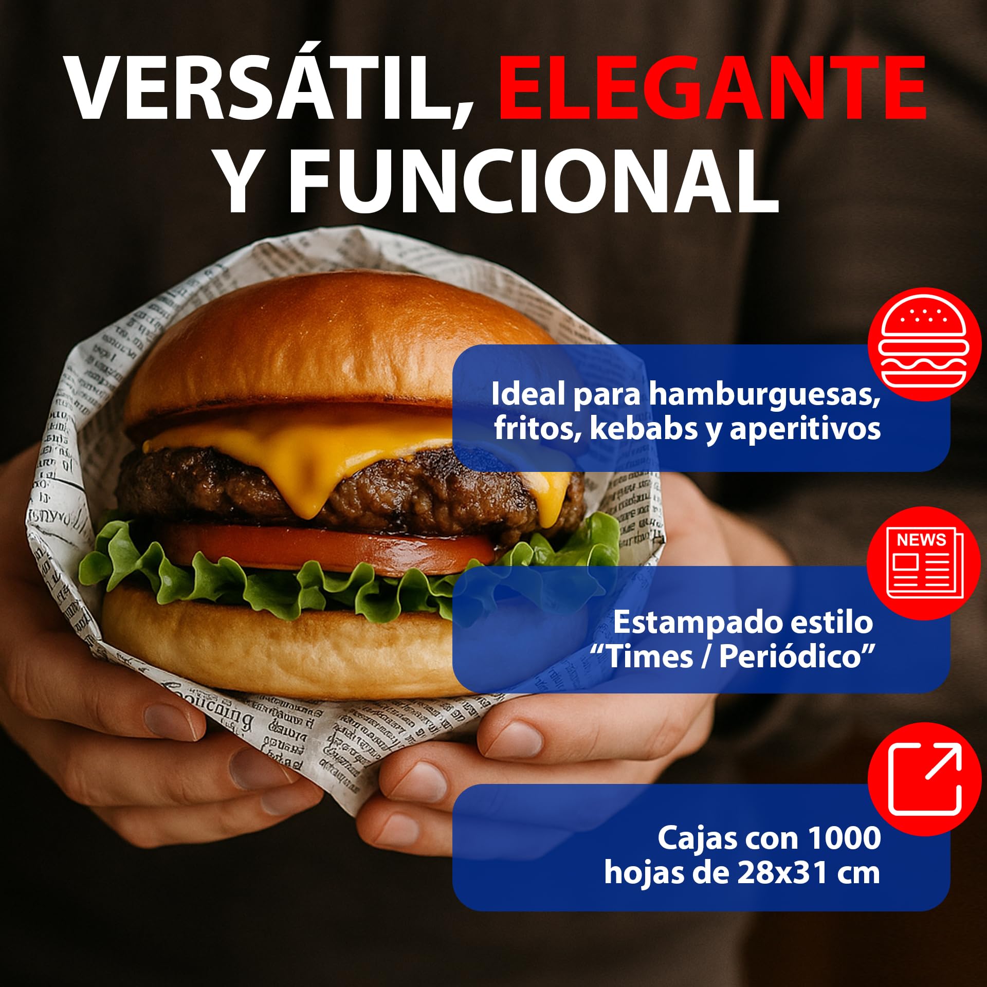 BALSAT Papel Antigrasa para Alimentos 28x31cm | Estampado de Periódico | Ideal Para Hamburguesa o Papel para Queso y Fritos | Caja de 1000 Hojas Alimentarias Multiusos y Ultra Resistentes