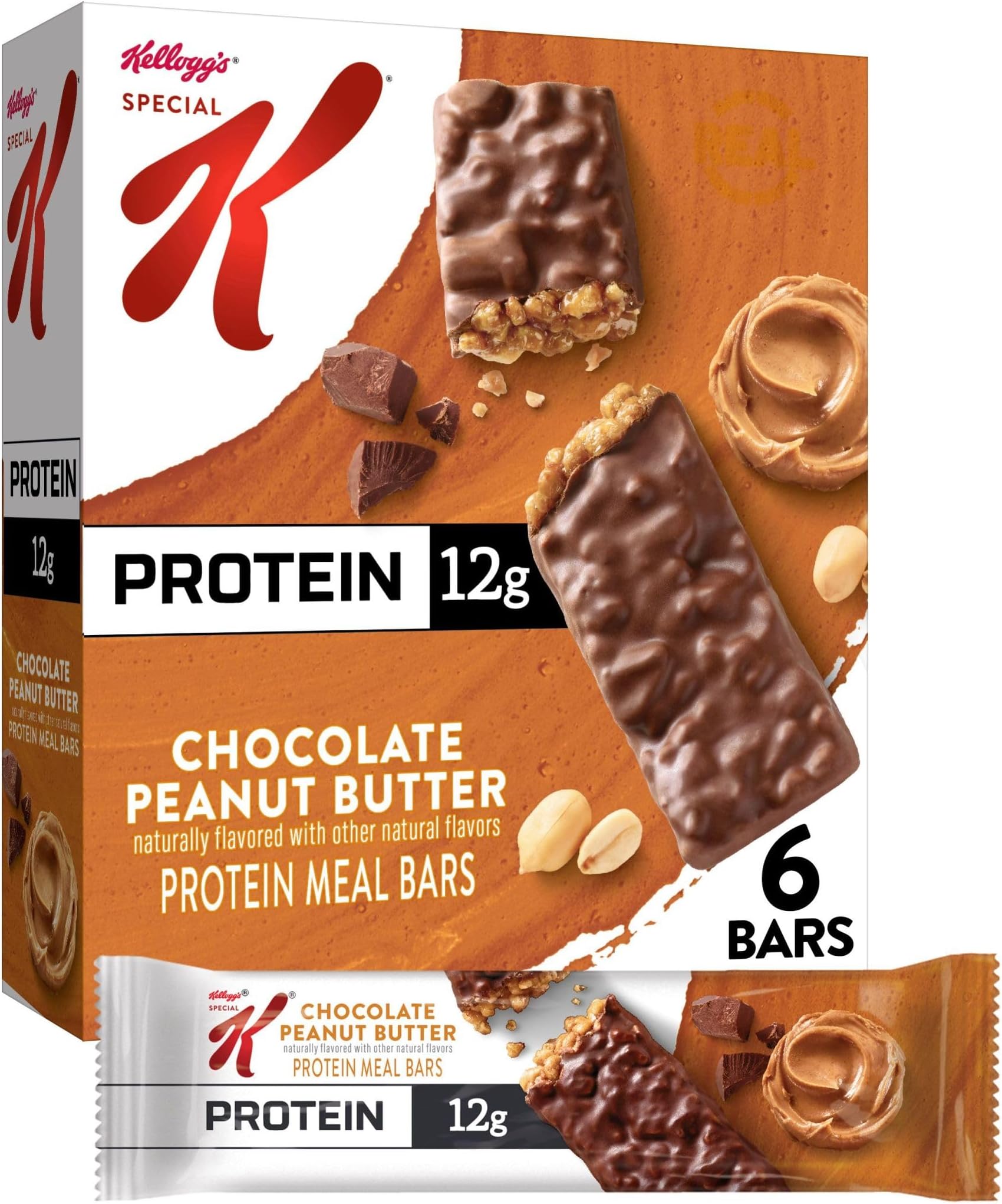 Special K Kellogg's Protein Bars, 12g Protein Snacks, Meal Replacement, Chocolate Peanut Butter, 9.5oz Box (6 Bars)