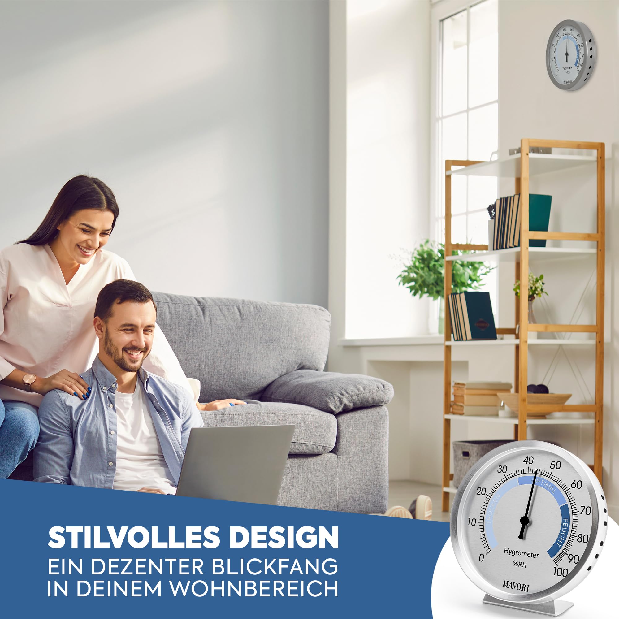 Hygrometer innen analog aus Edelstahl - eleganter & präziser Luftfeuchtigkeitsmesser für ein gesundes Raumklima - umweltfreundlicher batteriefreier Betrieb - Ø 9,5 cm