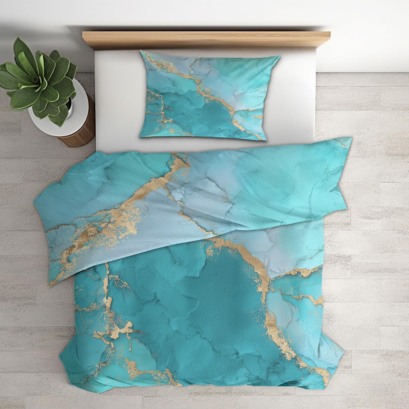 Generisch Bettwäsche 200x220 Türkisfarbener Marmor Design, 3tlg - Gold Aqua Blau Bettbezug und 2 Kissenbezug 80x80, Mikrofaser Wendebettwäsche mit Reißverschluss, Schlafzimmer Deko N&-4046
