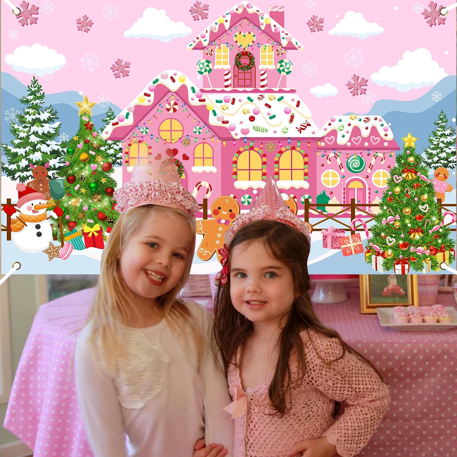 Avezano Gingerbread House Party Decorations Pink Gingerbread House Backdrop Banner Xmas Holiday Wall Door Sweet Candyland Background for Photography 70.8x43.3 inch