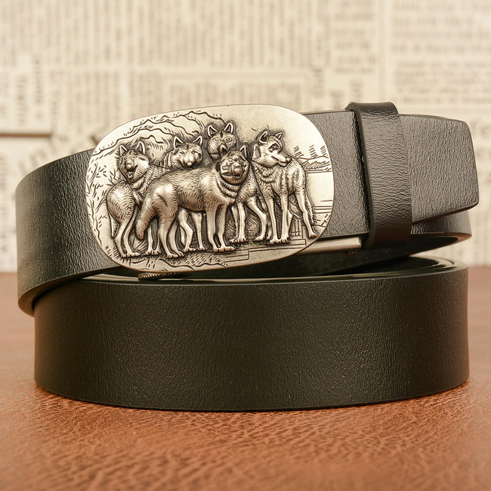Cinturón De Trinquete Deslizante Piel Vaca, Hebilla Automática Con Grabado Lobo, Ocio Clásico Ajustable For Jeans, Cintura 130 Cm/45", Marrón