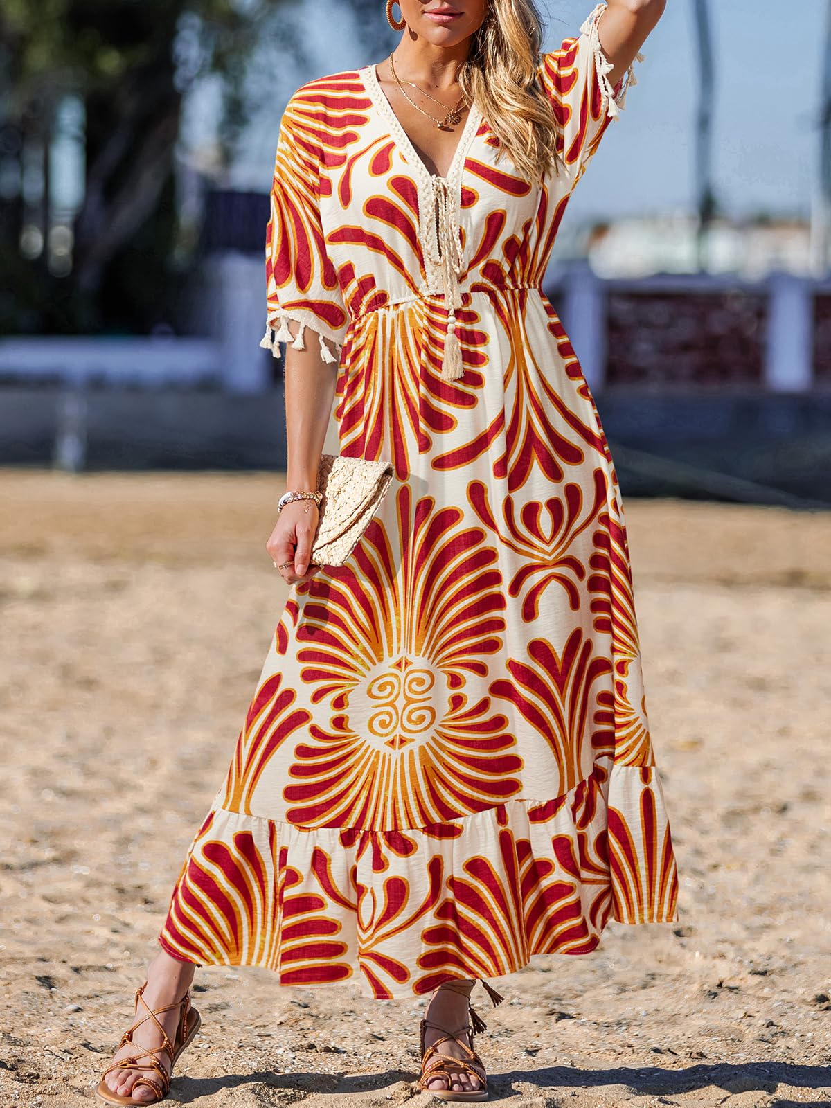 CUPSHE Vestidos de verano para mujer, con borlas, lazo frontal, cuello en V, manga murciélago, estilo hawaiano, casual, vestido largo