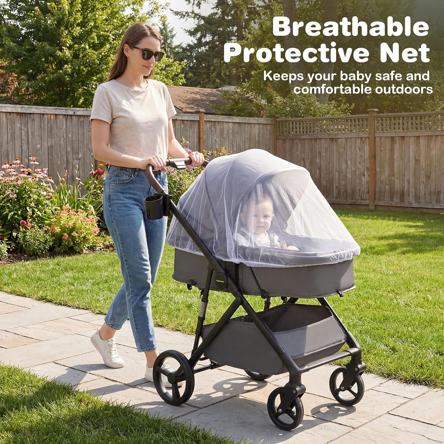 BABY JOY 2 in 1 Baby Stroller, High Landscape Convertible Bassinet Stroller with Reversible Seat, Net, Adjustable Canopy, Cup Holder, Foldable Pushchair Pram Stroller for Newborn Toddlers (Gray)