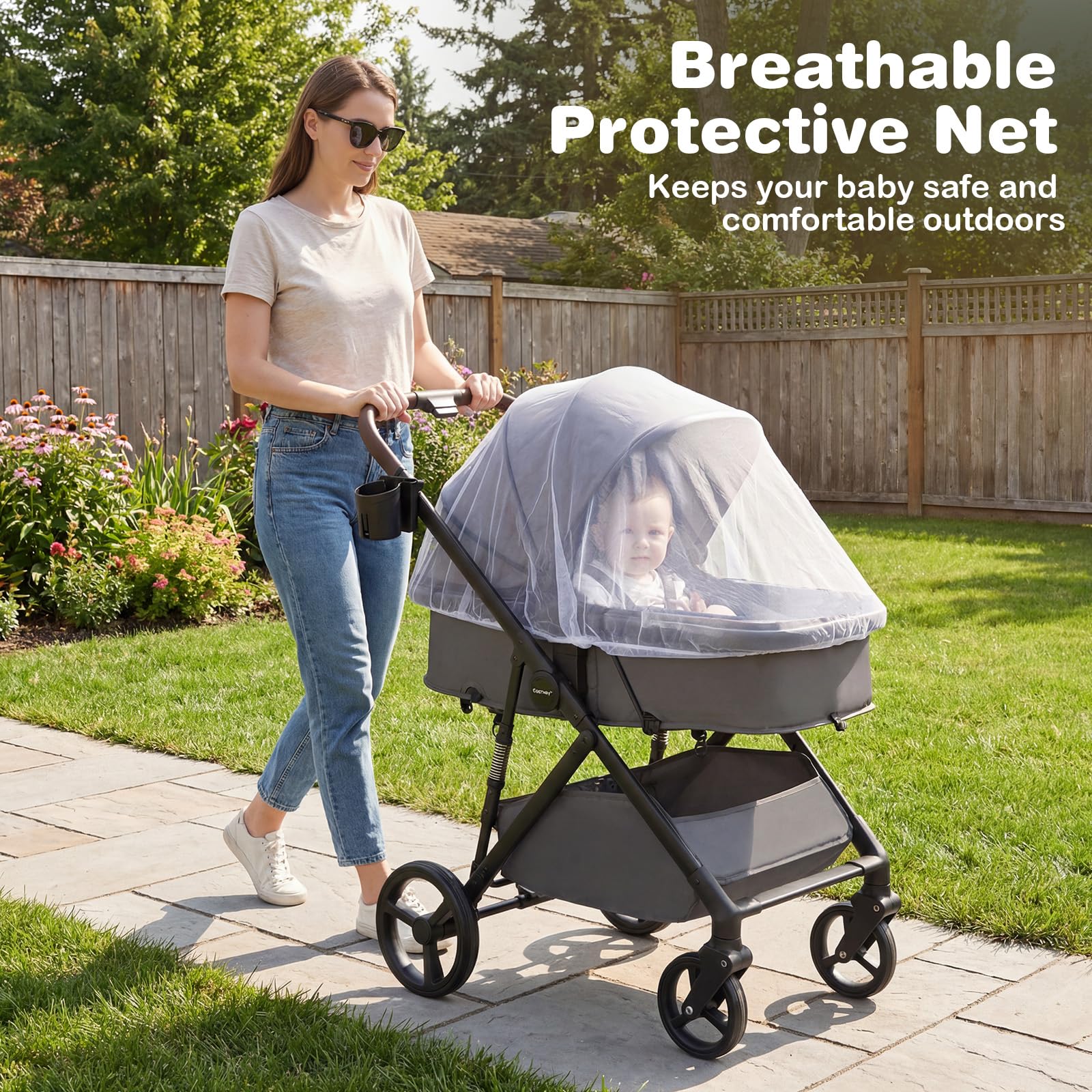 COSTWAY 3 in 1 Baby Stroller, Foldable Travel System Pram with Reversible Seat, Adjustable Canopy & Backrest, Mesh Net, Storage Basket, Lightweight Infant Newborn Pushchair for 0-36 Months (Grey) — view 9