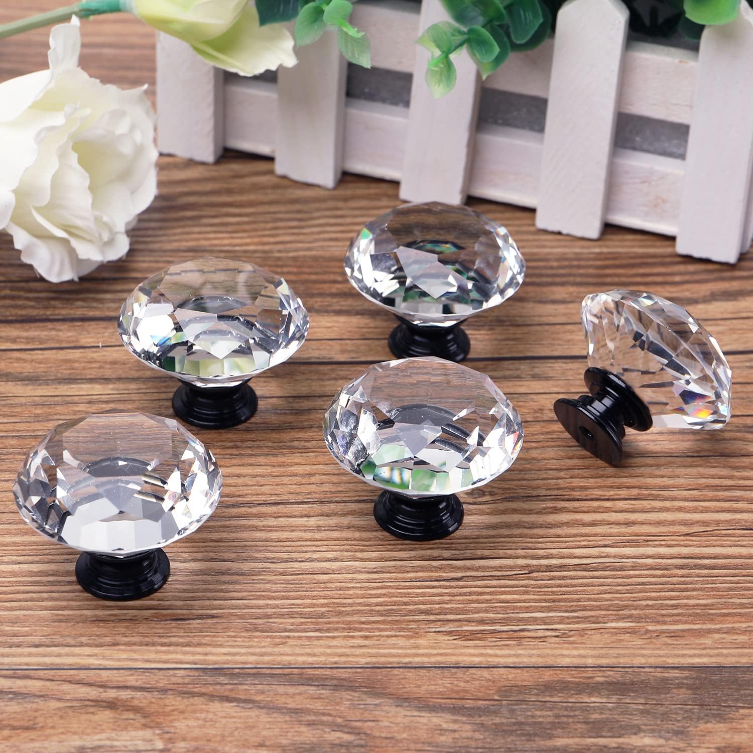 YDO Drawer Knobs, Black Alloy Base Crystal Knobs, Diamond Shape Glass Dresser Knobs, 1.57 inch Large Dresser Handles, Bling Knobs for Dresser Drawers, Kitchen Cabinet Knobs and Pulls, 10 Pieces, Clear