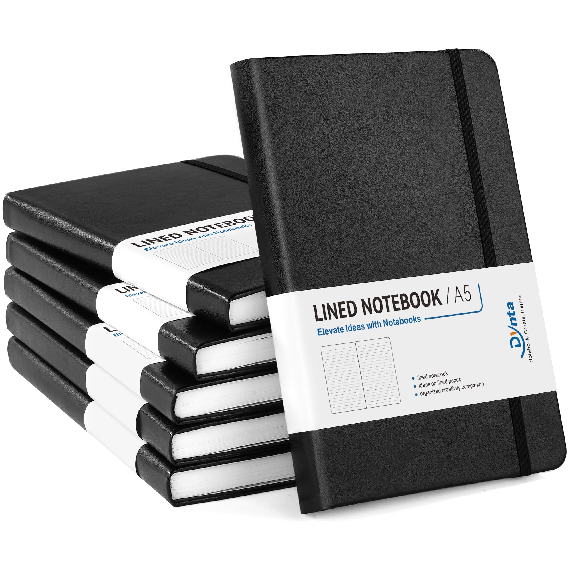 Dynta A5 liniertes Tagebuch, 6 Stück, schwarzes PU-Leder, Hardcover-Notizbuch, 100 g/m² dickes Papier, 200 Seiten (100 Blatt), Büro, Arbeit, Business, Notizbuch mit Inhaltsverzeichnis und Rückentasche