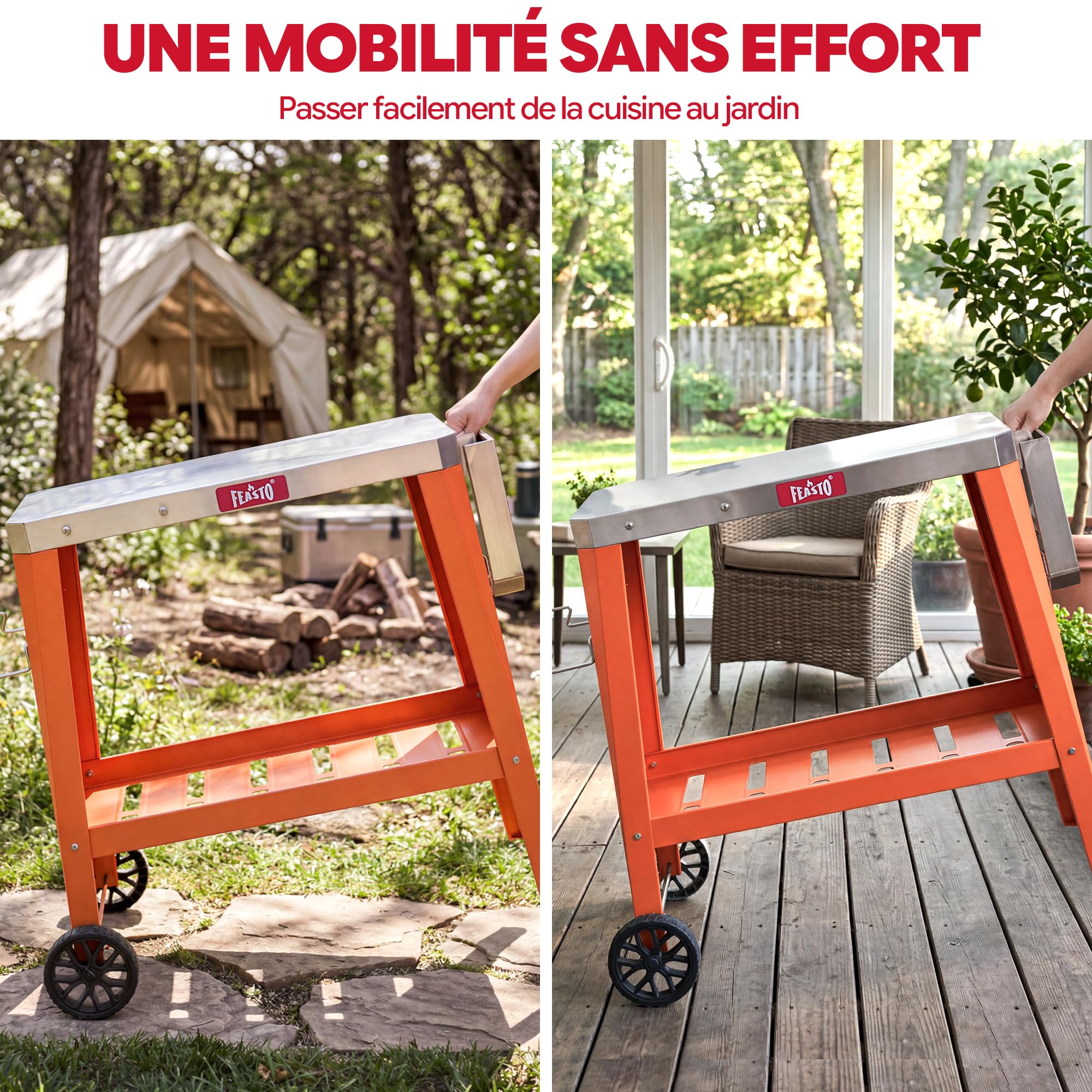Feasto 2-Étagère Desserte de Jardin avec Table d’Appoint Pliable, Orange | Chariot de Barbecue avec Plateau en Acier Inox, Idéal pour BBQ dans le Jardin et la Terrasse, 95 x 67 x 80 cm
