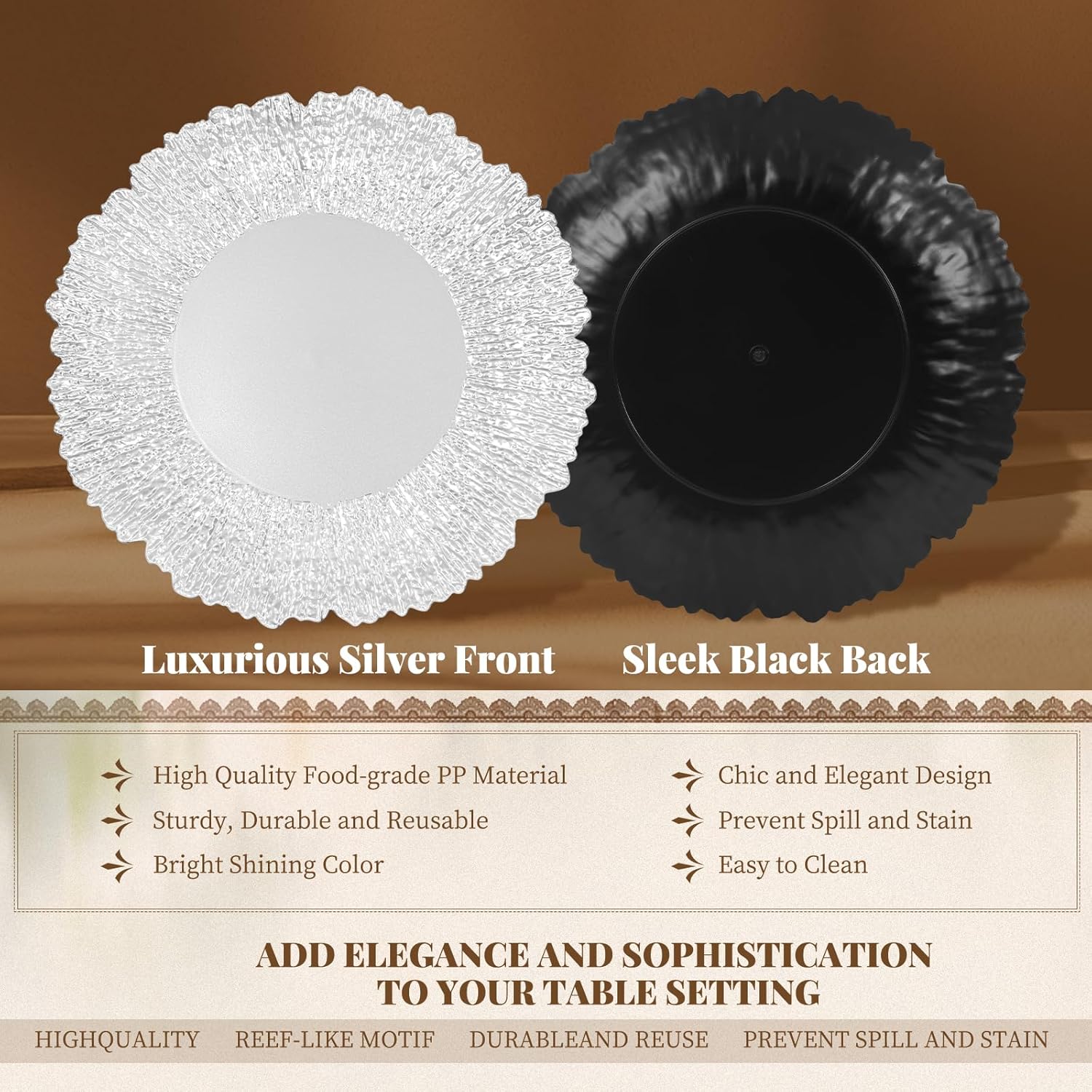 Showgeous 50 Pack Silver Charger Plates 13'' Reef Plate Chargers for Dinner Plates Round Plastic Plate Chargers for Wedding Dinner Parties Table Serving Home Decoration