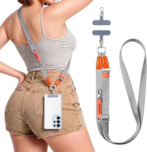Phone Lanyard Crossbody with 2 Phone Tabs, Adjustable Anti Theft Phone Strap for iPhone & Android, Universal Skin-Friendly Cell Phone Neck Lanyard for Travel Hiking Cycling Shopping (Grey)